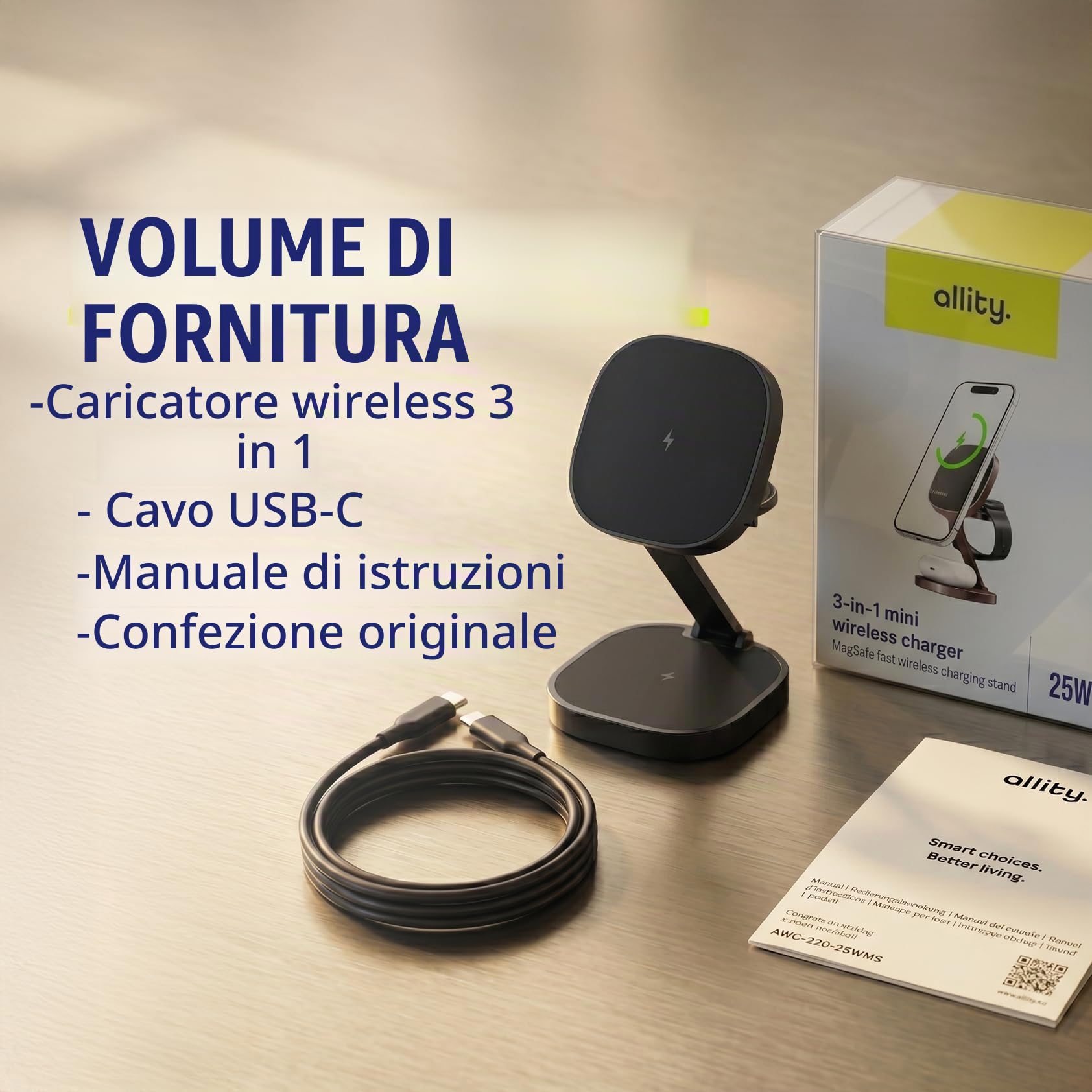 Caricabatterie 3 in 1 da 25 W, stazione di ricarica wireless pieghevole per iPhone, Apple Watch e AirPods, mini supporto di ricarica wireless con LED e USB-C, compatibile con Qi e MagSafe