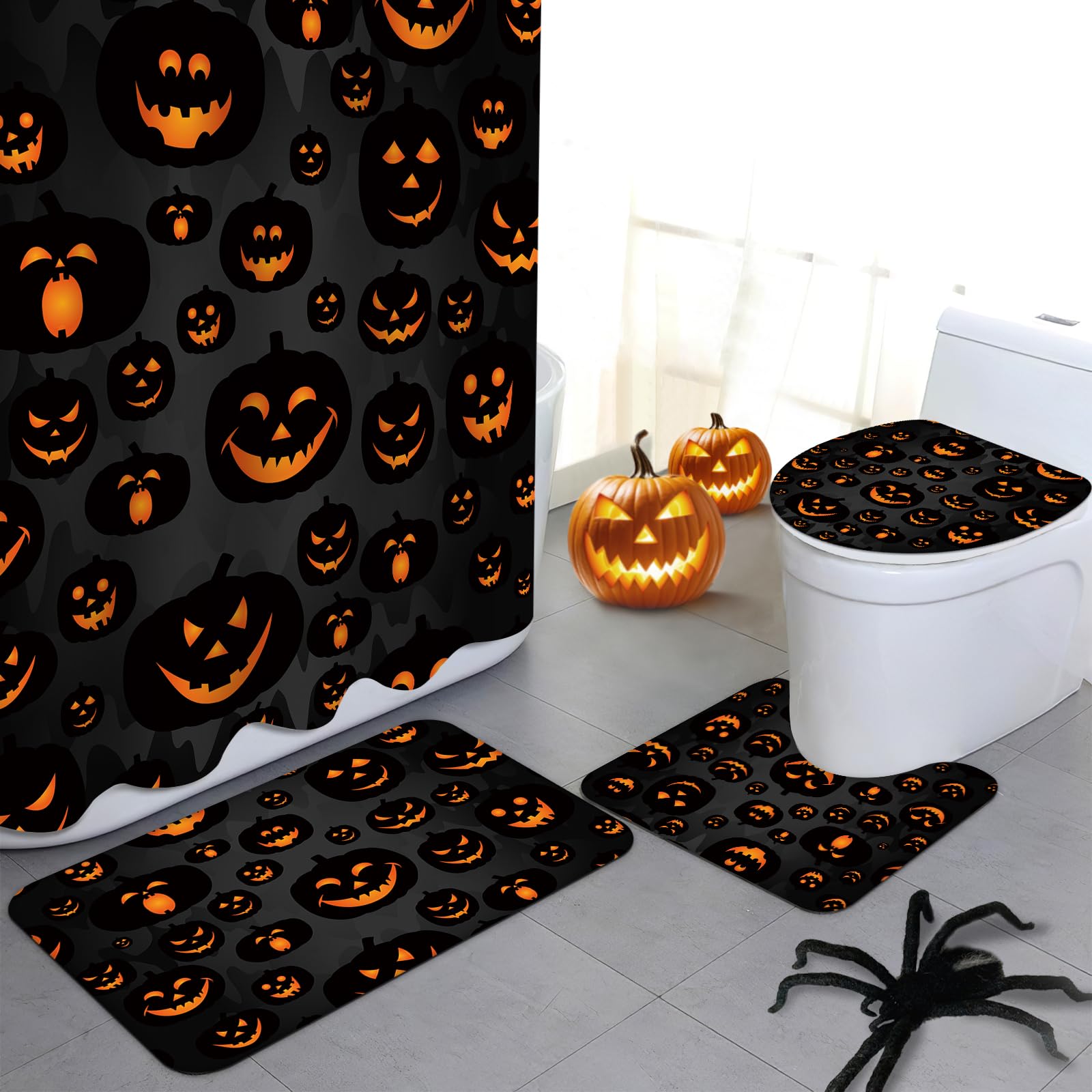 Rideau de douche citrouille Halloween 4 pièces avec tapis antidérapants et couvre-toilette