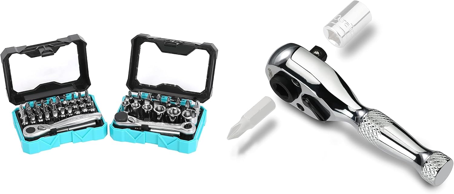 DURATECH 56-pieces 1/4" Mini Ratchet Wrench and Screwdriver Bit Set, 1/4-Inch Stubby Ratchet Wrench, Socket & Bit Driver