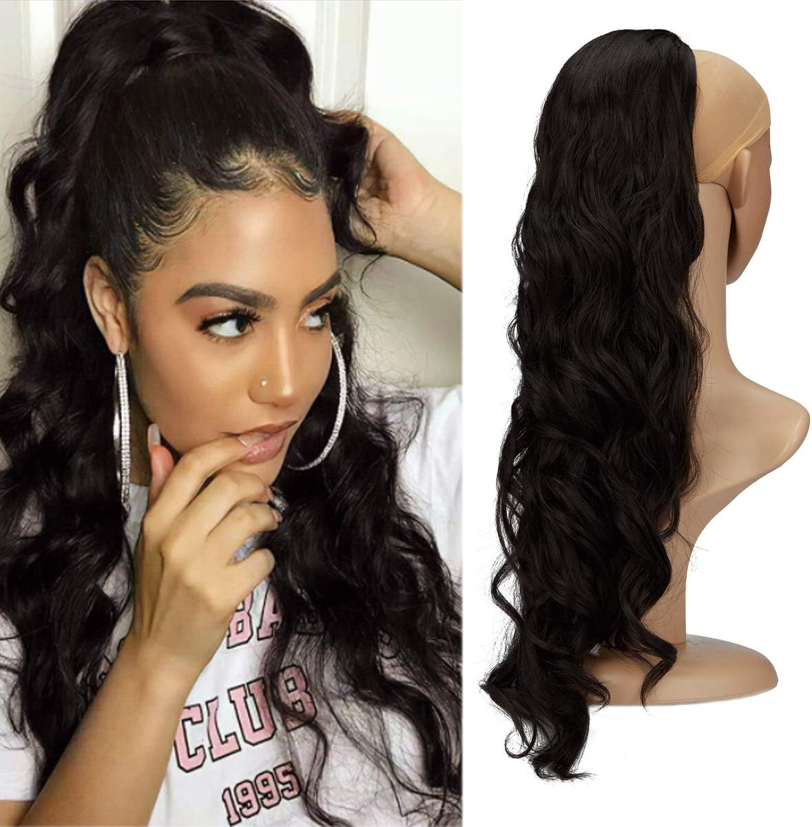 KOODER Long Wavy Ponytail Extension for Women Drawstring Ponytail 24" Synthetic Clip in Ponytail Extension for Black Women