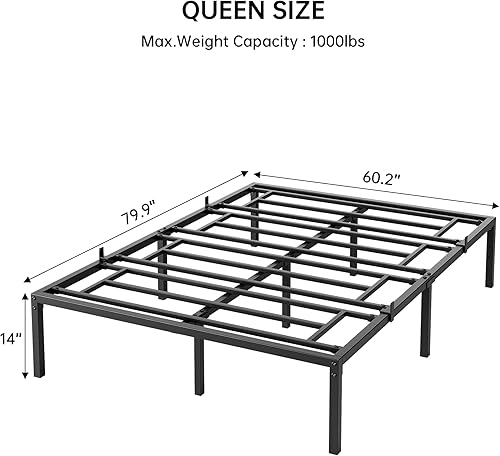 Miniatura 2 de Base de cama tamaño Queen, marco de cama de metal de 14 pulgadas, listones de acero resistentes, no necesita resortes de caja, base de colchón, de