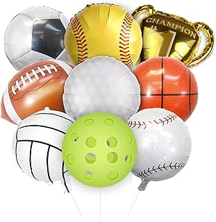 Pack of 8, Mylar Sports Balloon Bouquet, Pickleball, Soccer, Softball, Baseball, Golf, Volleyball, Trophy, All Sports Birthday Party Decorations, All Star Baby Shower Decorations