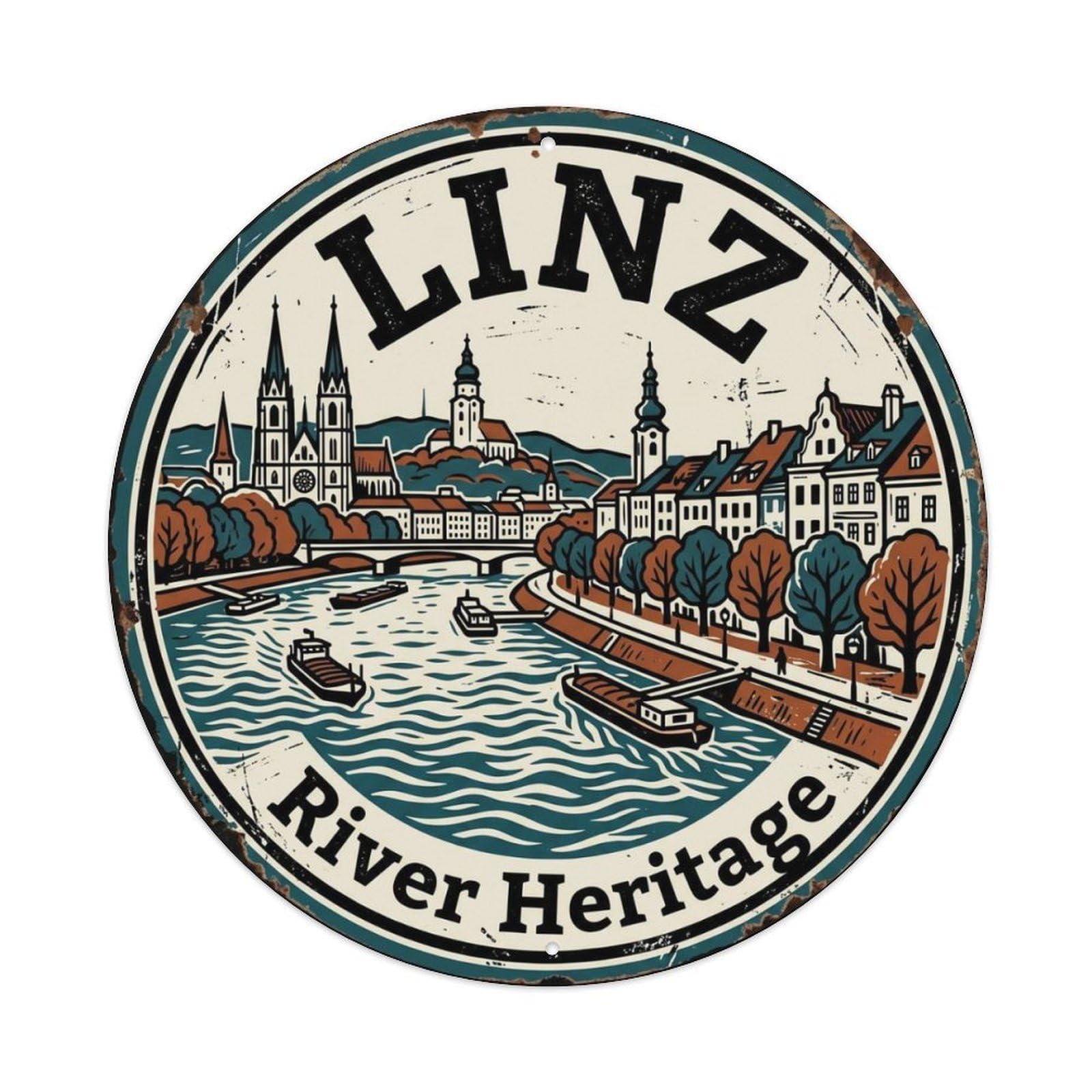 Vintage Travel Linz Riverside Austria Metal Tin Sign Plaque Wall Decor for Cafe, Club Bar, Office, Home Garden Round Metal Poster 8x8Inch