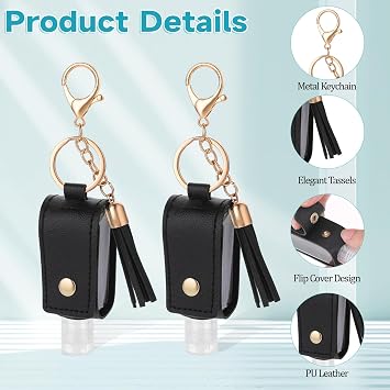 2Pcs Hand-Sanitiser Holder Keychain 30ml/1oz, Portable Handwashing Refillable Travel Bottles with Keychain Clip on Keychains Travel Containers Squeeze Bottles for Toiletry Lotion Liquid Soap (Black)