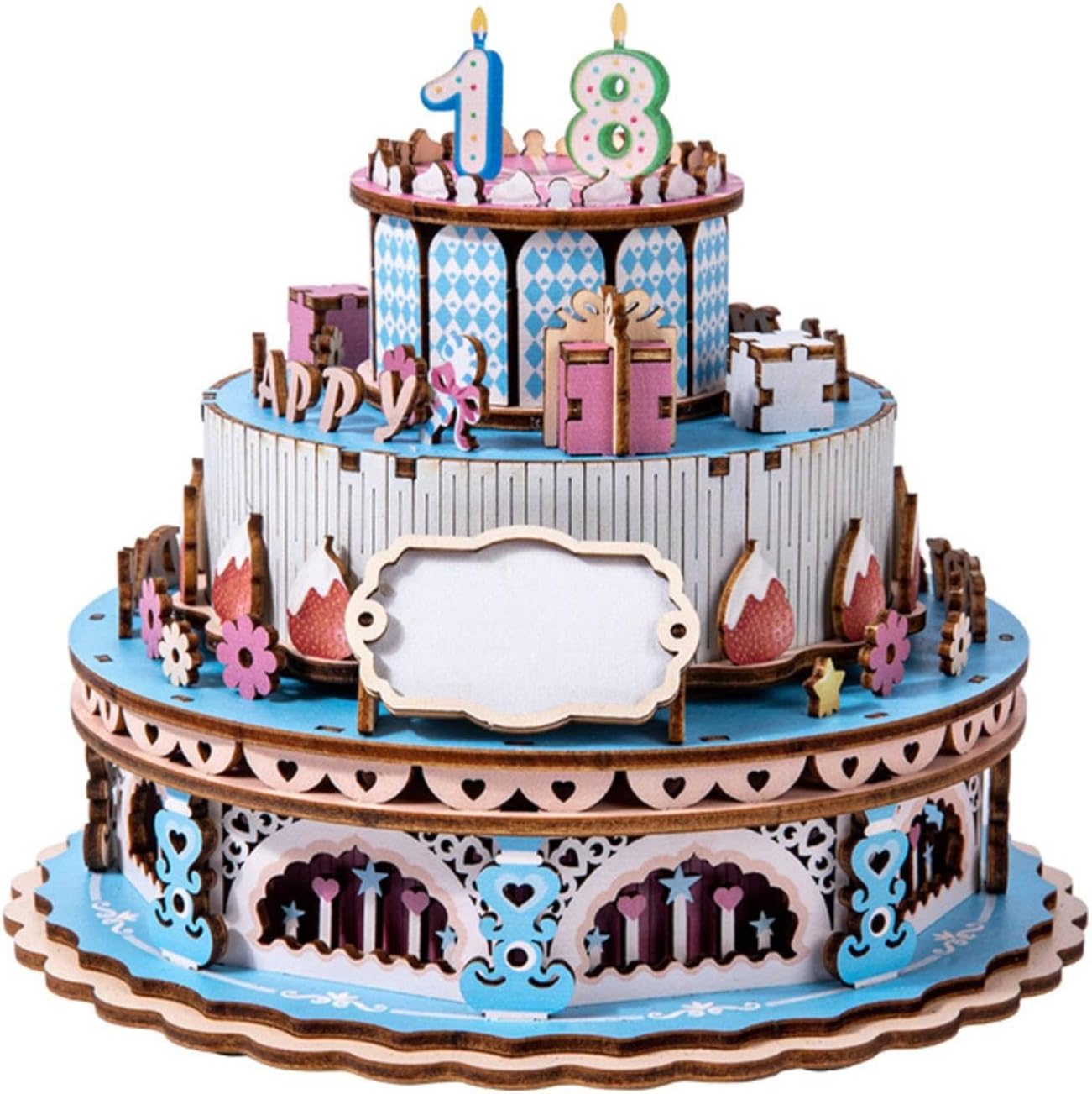 Tiered Dessert-Shaped Musical Toy Box with Decorative Cutouts Non-Electric Birthday Dessert-Shaped Musical Toy Box Festive for Kids, Blue