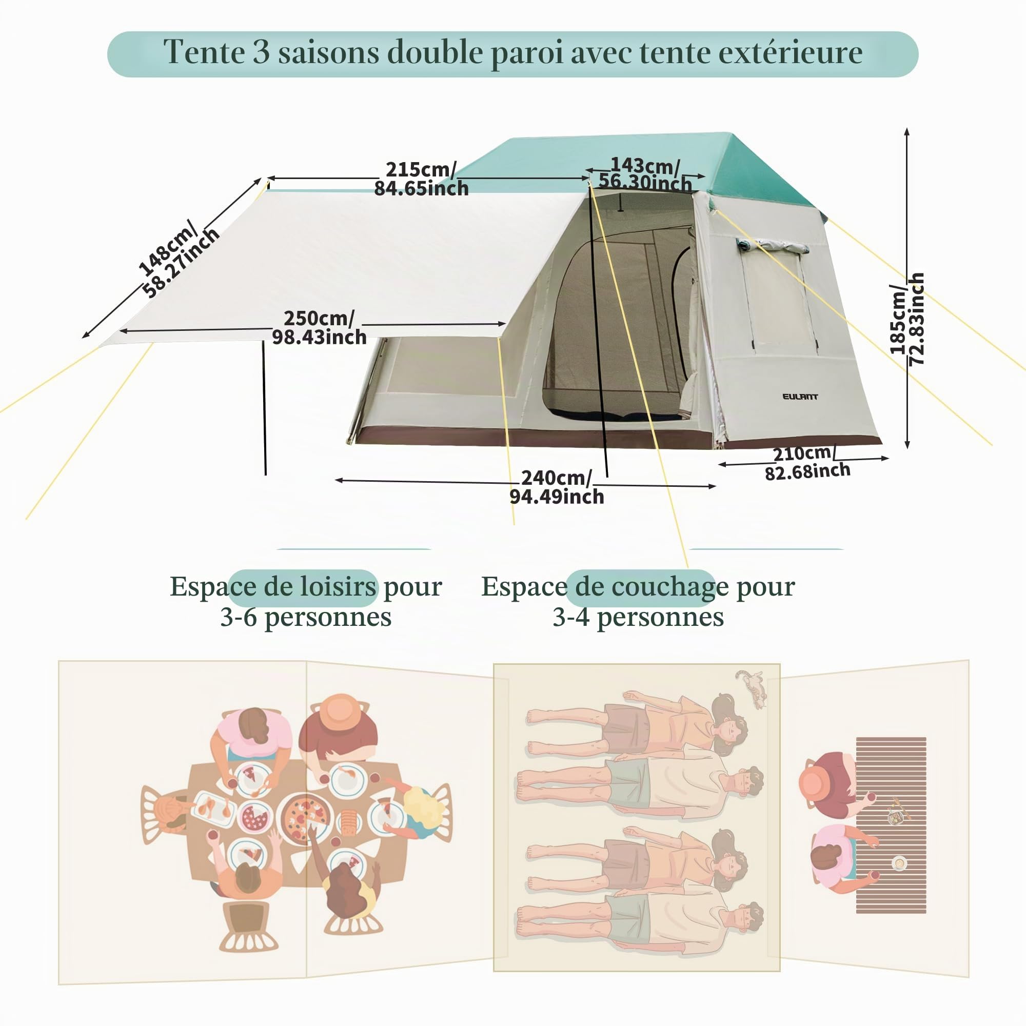 EULANT Tente Familiale pour 4 Personnes, Tente Quick-up Etanche, Grande Tente Blackout avec Porche pour Camping,Tente de 2 Etage