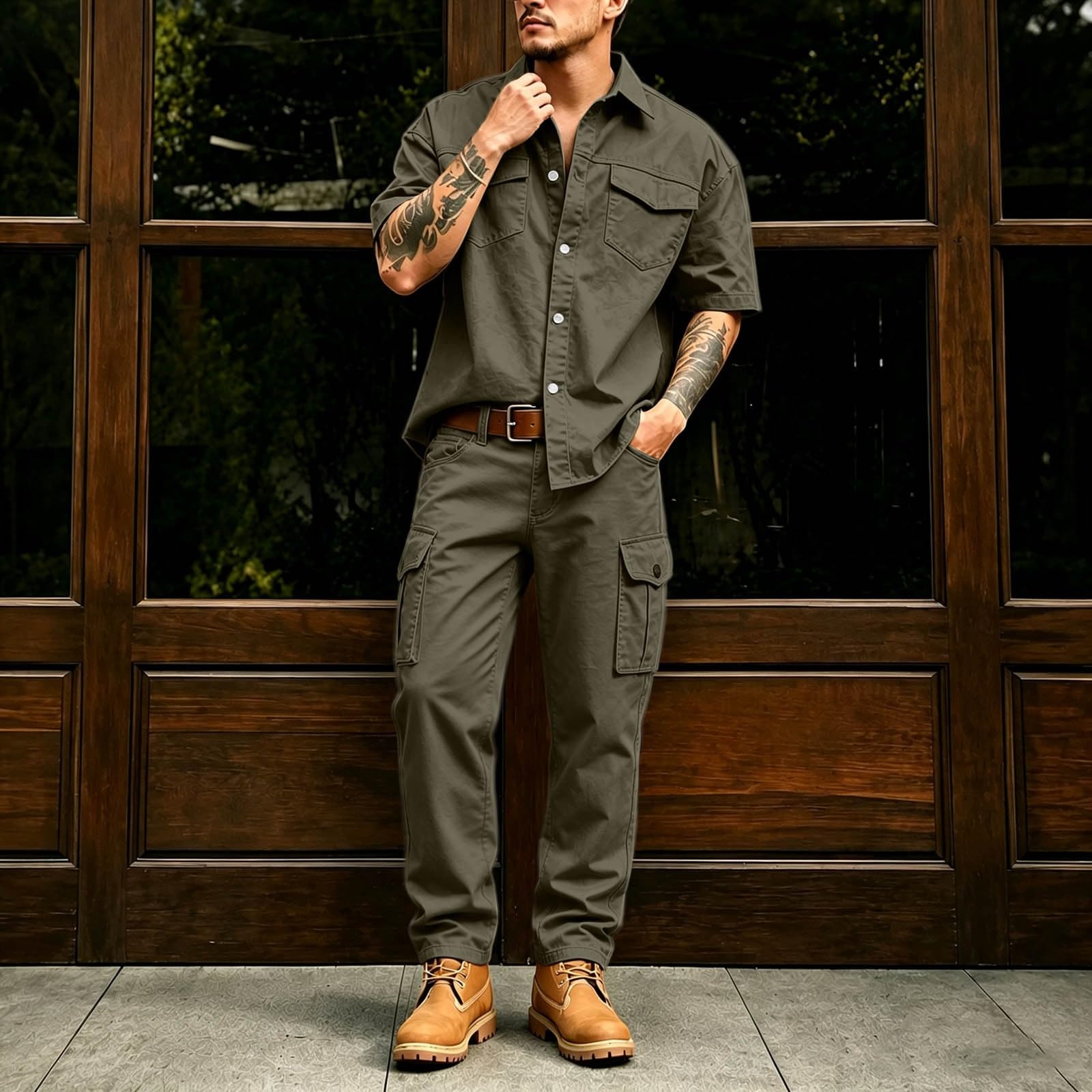 Tuta da jogging da uomo, pantaloni cargo corti | Camicia da lavoro da uomo con abbottonatura, multitasche, robusta, per giardinaggio, fai da te, all'aperto, leggera e comoda