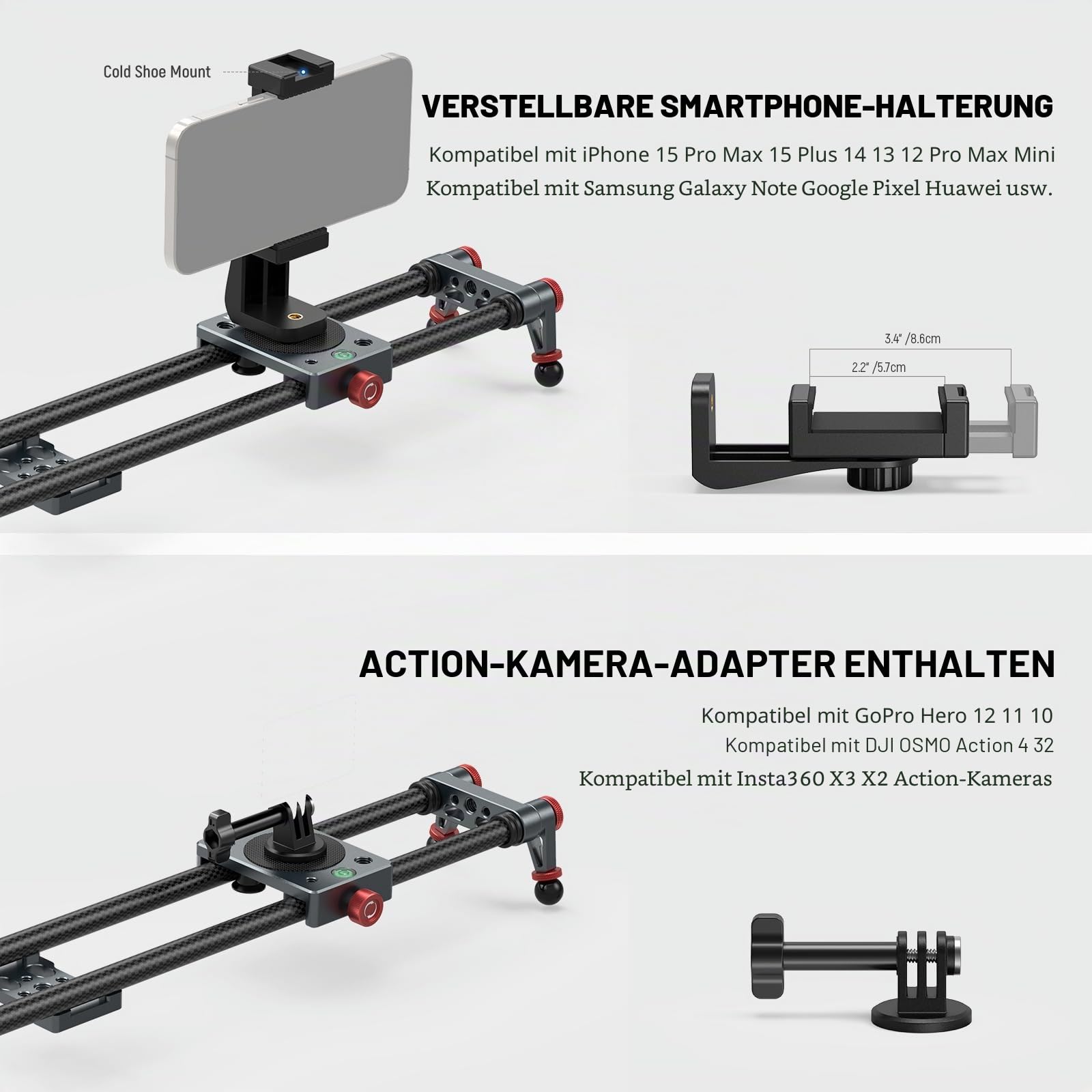 NEEWER 60cm Kohlefaser Kamera Slider Dolly Slider Schiene mit 360° Kugelkopf/Handyklemme/Action Kamera Halterung, 4 Lagern und verstellbaren Beinen, kompatibel mit GoPro Insta360 iPhone Android, CS2M