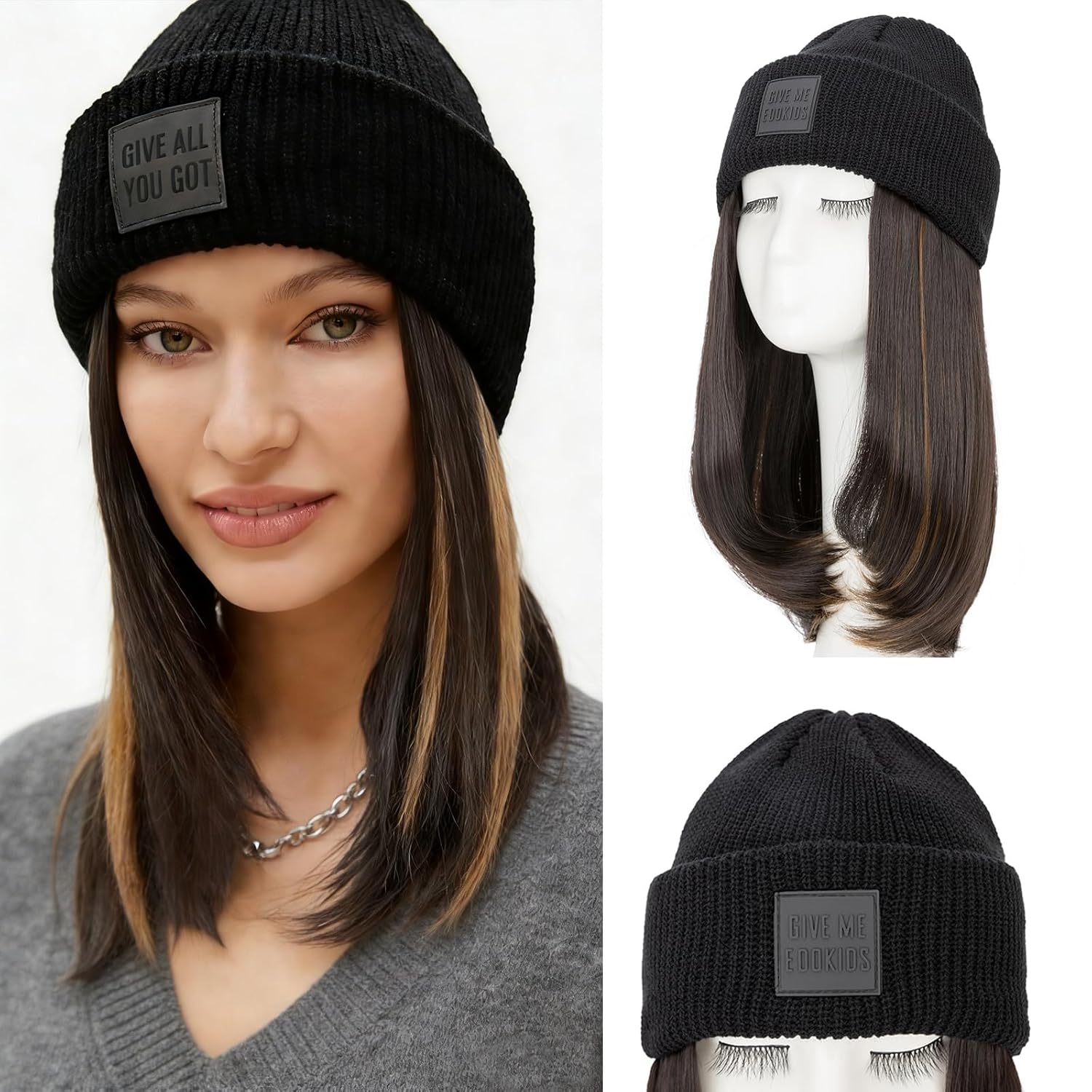 Benehair Beanie Wig for Women with Hair Attached 11'' Straight Synthetic Hair Extensions Knitted Beanie Cap Keep Warm in Winter Christmas Gifts Ash Blonde&Bleach Blonde