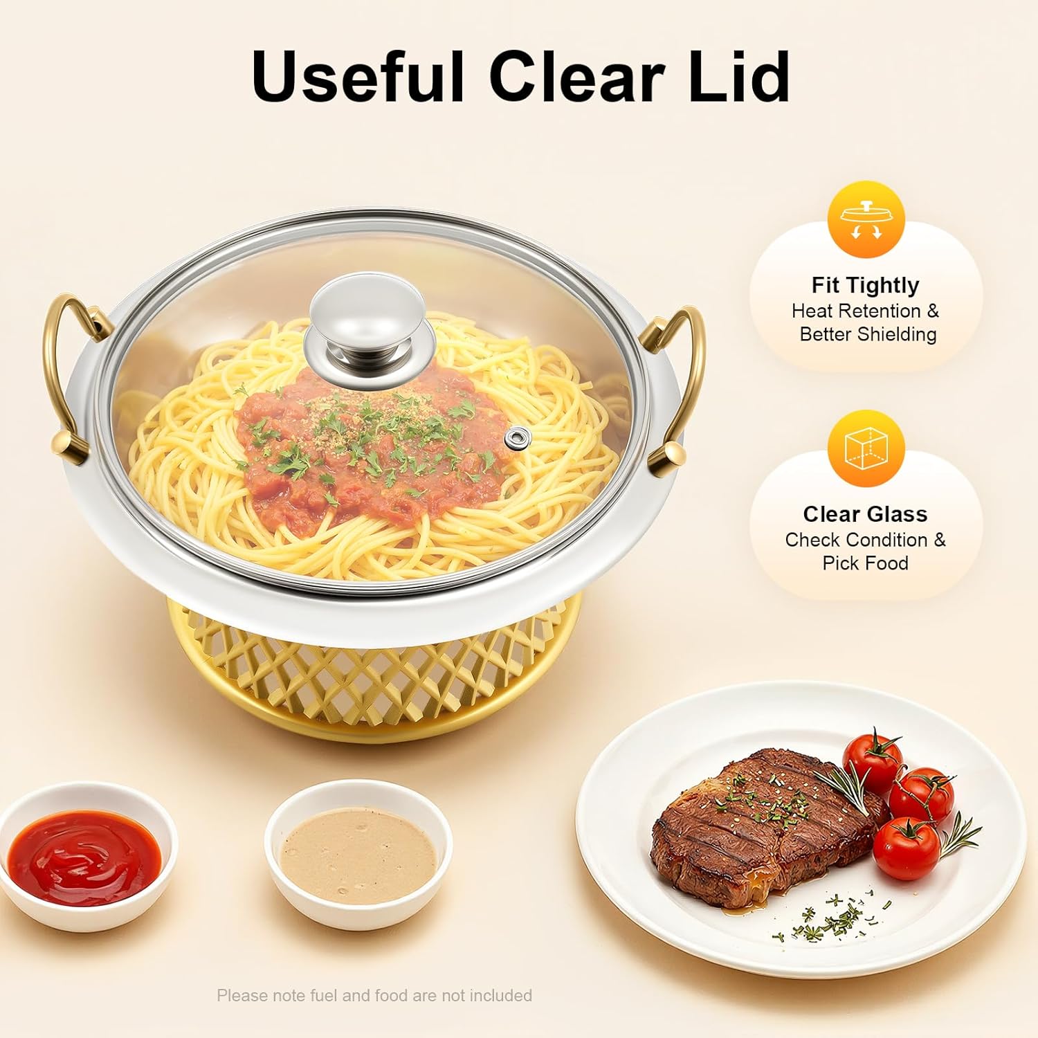 Buffet Chafing Dish, Round Stainless Steel Chafing Dish with Glass Lid, Portable Food Warmer for Parties Banquets Events Dinner (Gold)