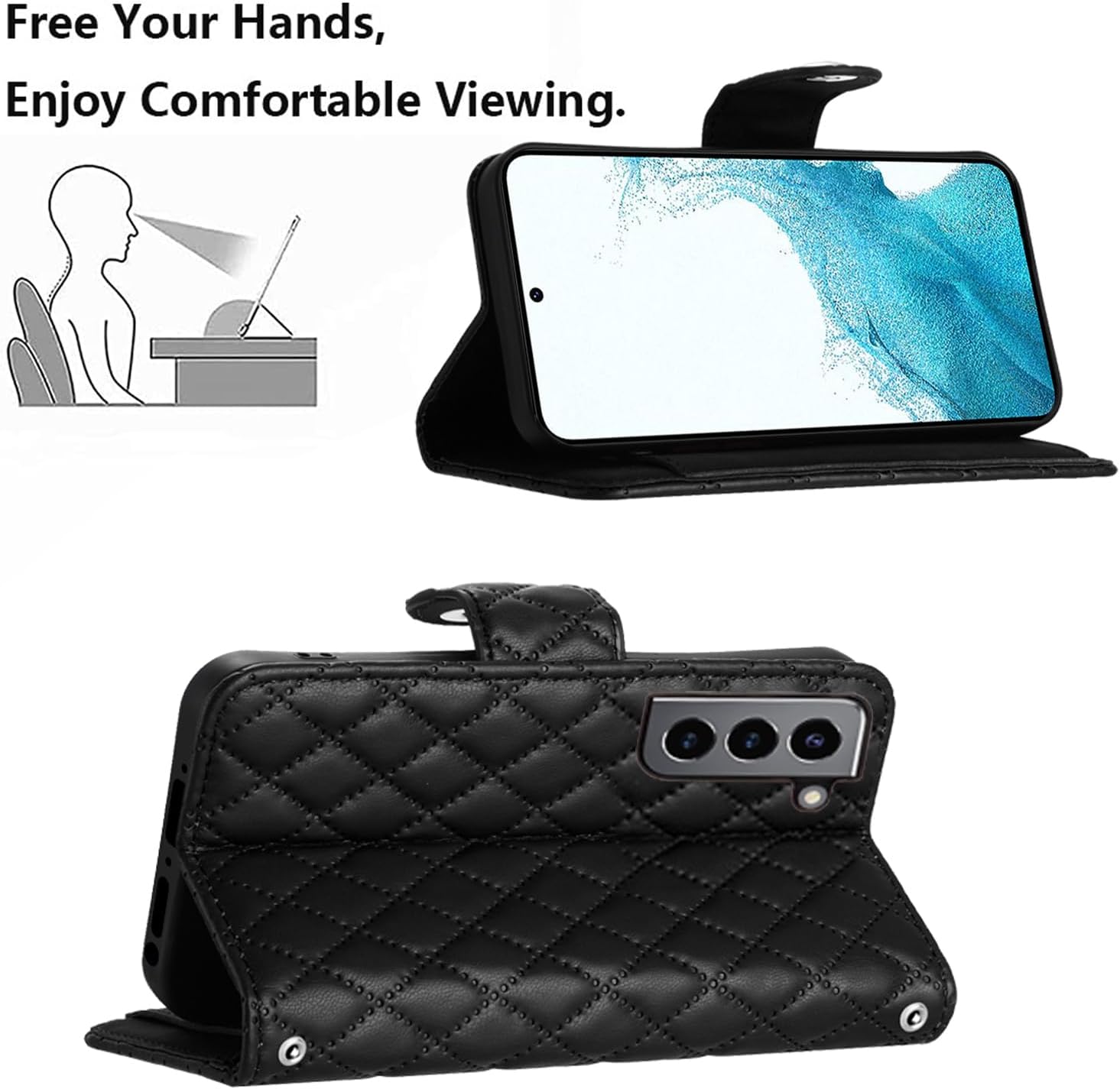 Wallet Case for Samsung Galaxy S22 5G with Wrist Strap Crossbody Shoulder Strap, Argyle Pattern PU Leather Flip Card Holder Cell Stand Phone Cover for S 22 22S 4G G5 6.1 inch Girls Women Black