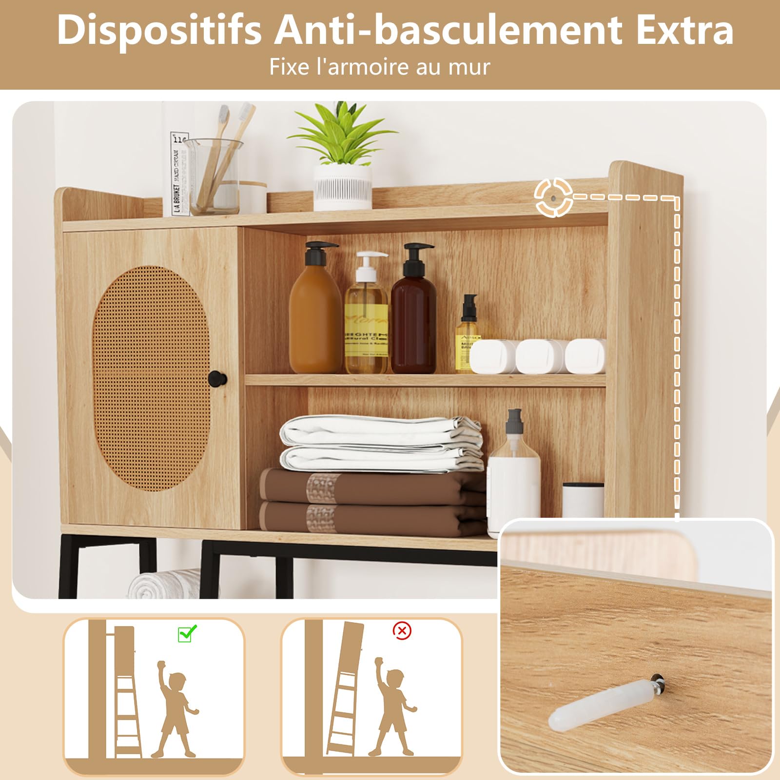 COSTWAY Armoire de Rangement Au-Dessus des Toilettes, Organisateur de Salle de Bain, Meuble WC Porte en Rotin PE, Etagères de Rangement Ouvertes et Réglables, pour Buanderie, Salle de Bain