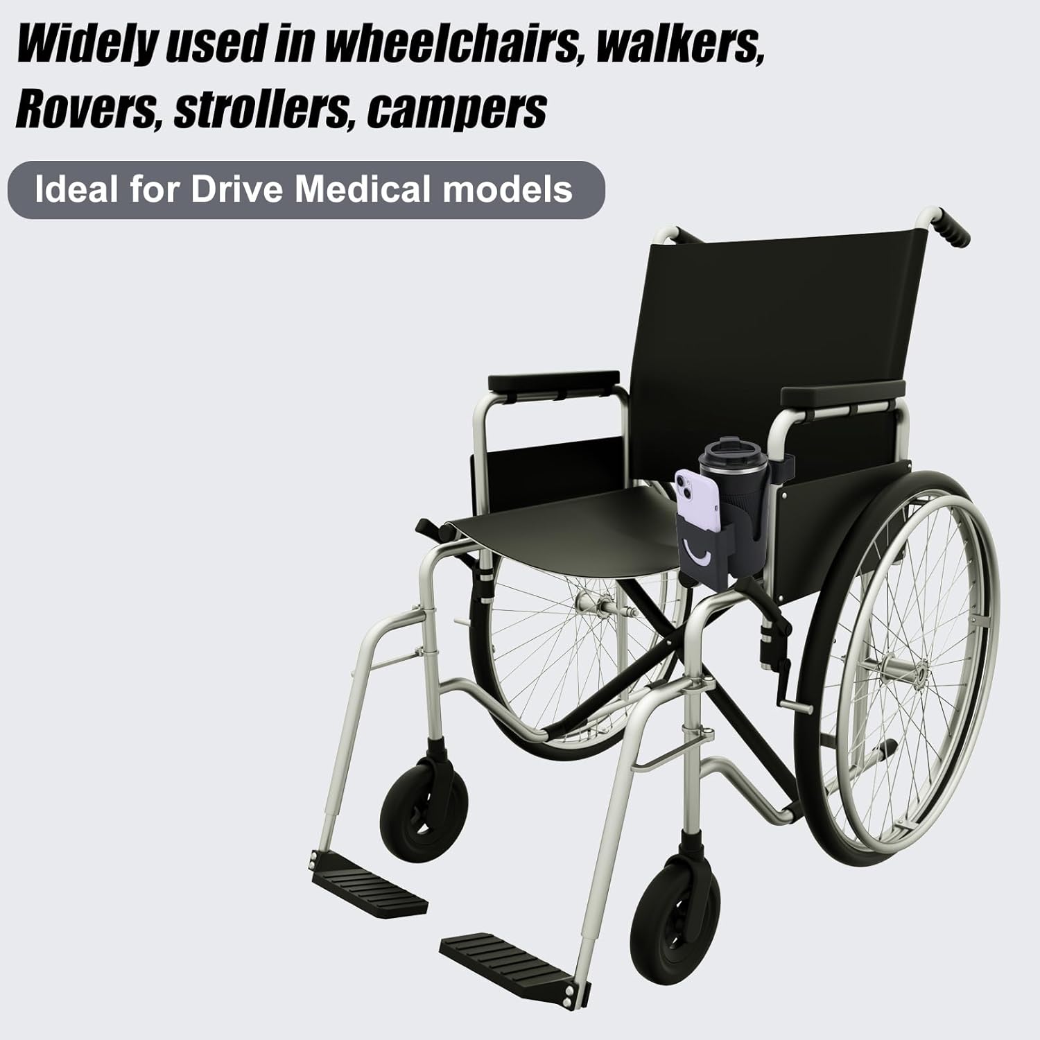 Wheelchair Cup Holder for Drive Medical Nitro, 2-in-1 Strap On Cup Holder for Walker Cup Holder Rollator Phone Holder Wheelchair Accessories for Drive Medical Nitro Walker (Black) - Image 4