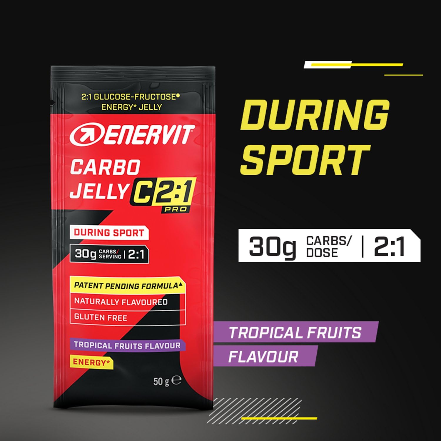 Enervit Carbo Jelly C2:1PRO, Gelatinas Energéticas para Actividades de Resistencia de Alta Intensidad, 30g de Carbohidratos, Sabor Tropical, Máxima Tolerancia, Sin Gluten, Vegano, Caja de 20 Paquetes