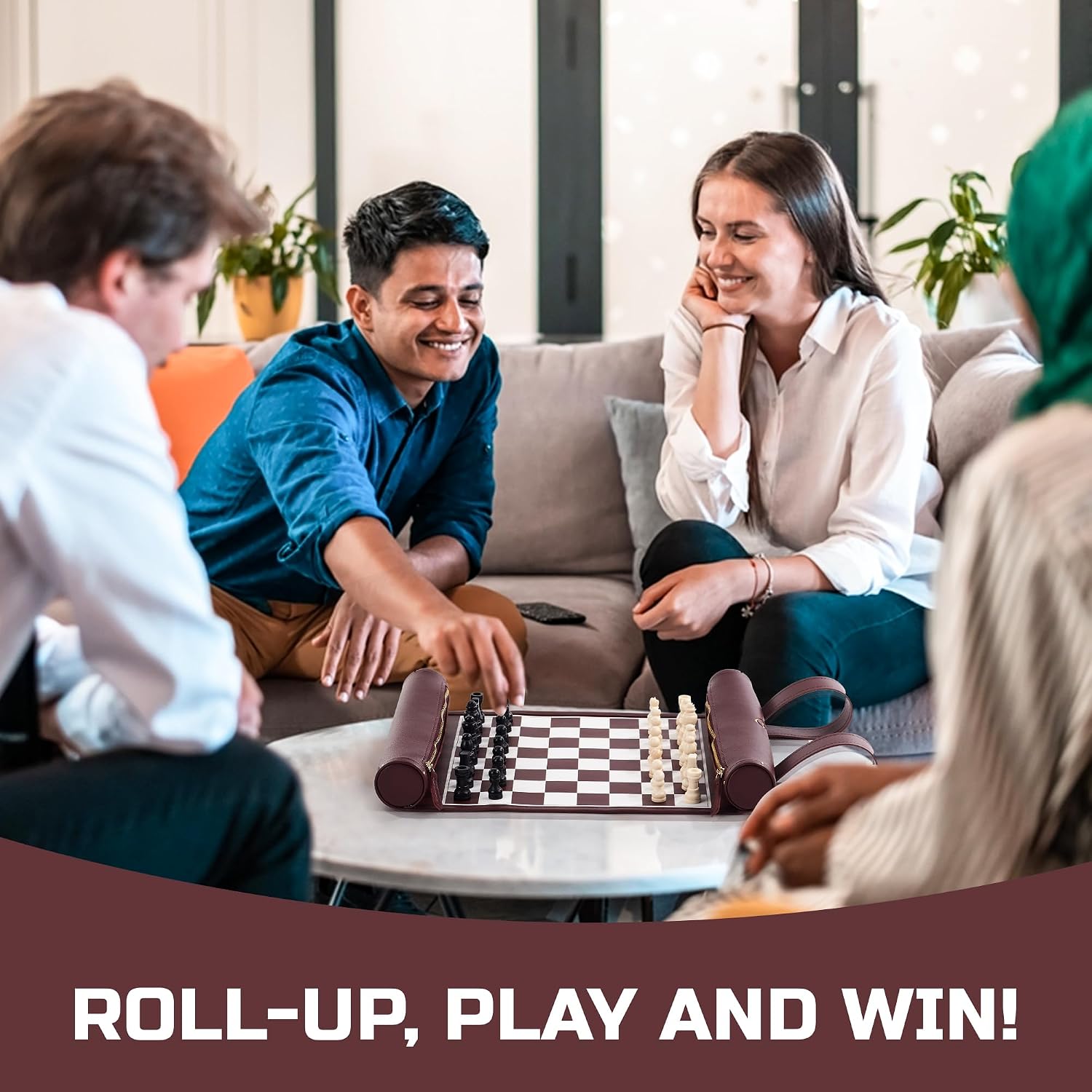 Roll Up Chess Set - 11" Foldable Leather Chess Mat with Wooden Chess Pieces - Portable Travel Chess Set with Straps - Perfect Chess Game for Airplane, Camping, and More (Wine)