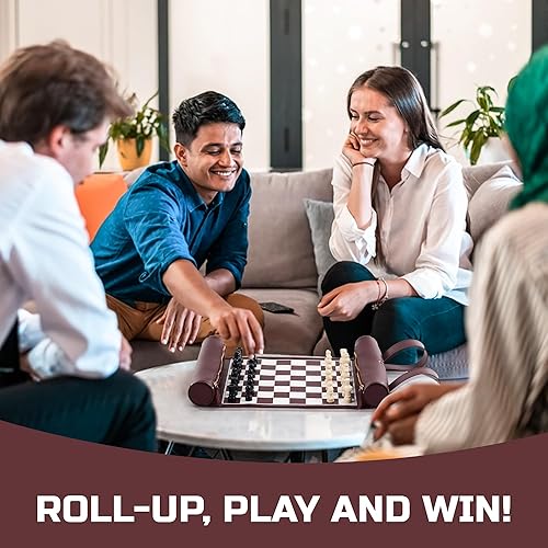 Miniatura 7 de Juego de ajedrez enrollable, tapete de ajedrez plegable de cuero de 11 pulgadas con piezas de ajedrez de madera, juego de ajedrez de viaje portátil