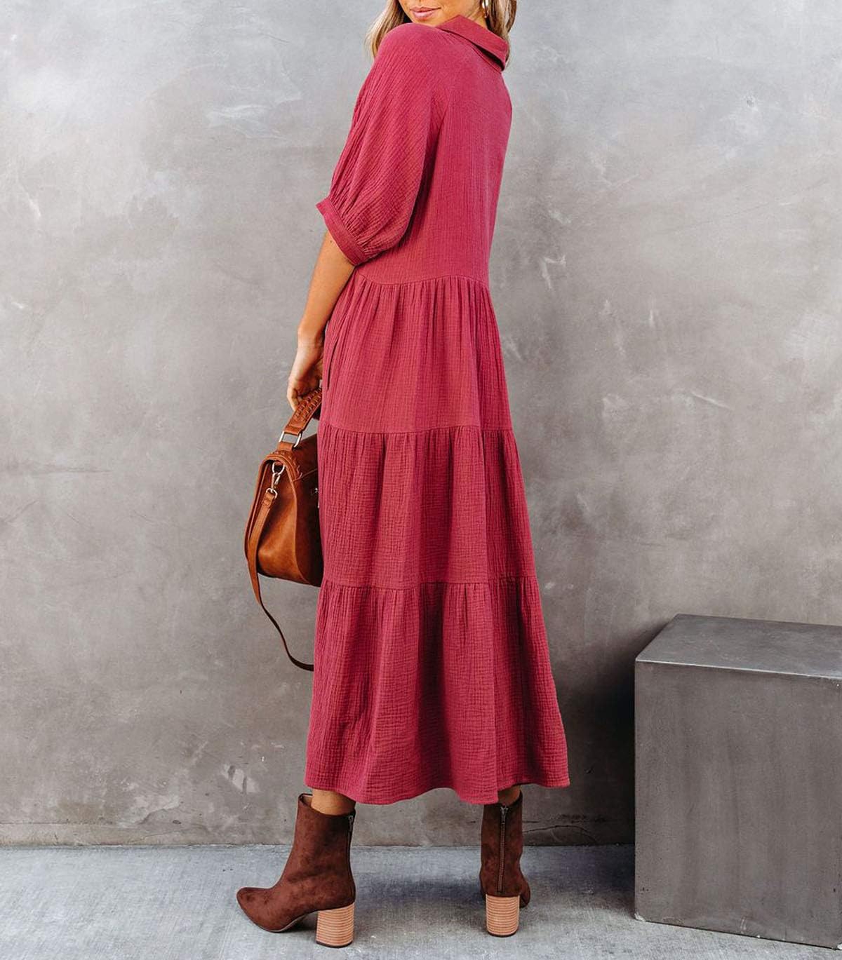 R.Vivimos Women's Summer Cotton Half Sleeves Button Down Casual Loose Slit Midi Dress with Pockets - Image 5