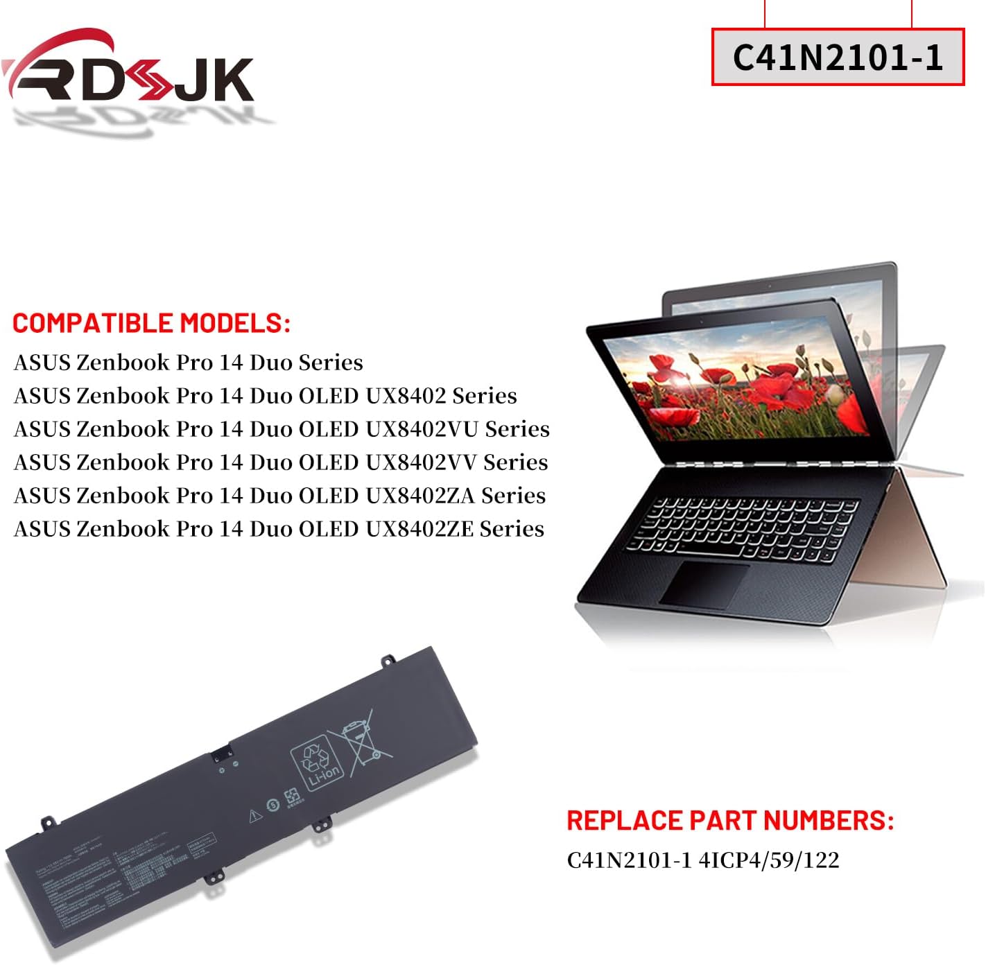 C41N2101-1 Laptop Battery for ASUS Zenbook Pro 14 Duo OLED UX8402 UX8402V UX8402VU UX8402VV UX8402Z UX8402ZA UX8402ZE Series 15.48V 76Wh 4920mAh(Not C41N2101)