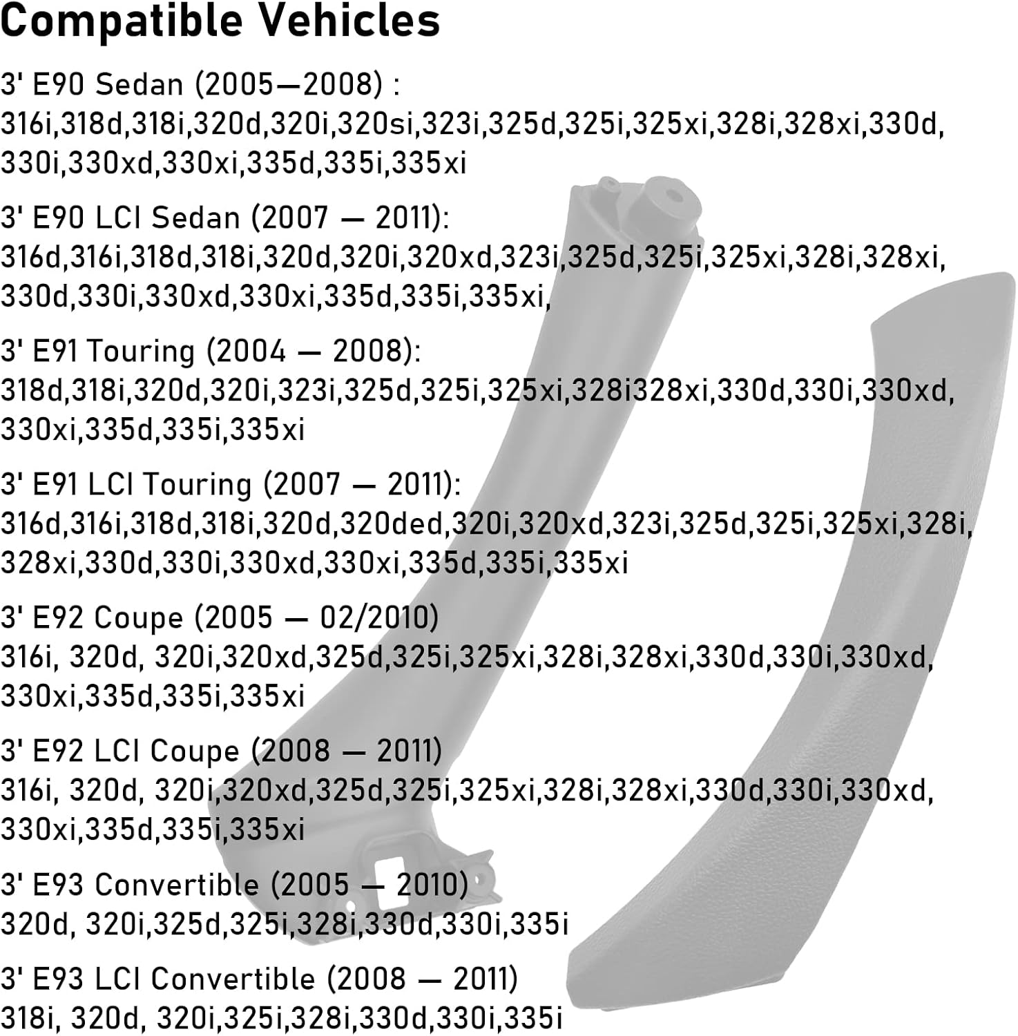 Jaronx Compatible with BMW 3 Series Door Handle E90/E91/E92/E93 2004-2011, 6PCS Left and Right Interior Door Pull Handle Replacement Set for BMW 318i,320i,323i,325i,328i,330i,335i(Black)