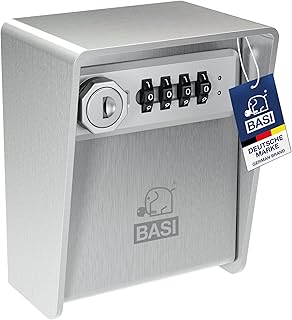 BASI | Schlüsselsafe mit Zahlenschloss und Notschlüsselfunktion | 3 mm starkes Edelstahl | 4-stelliger Zahlencode individuell einstellbar | Schlüsselbox für Innen- Außenbereich | Schlüsseltresor