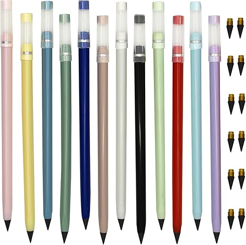 Maydahui 12 lápices de grafito eternos sin tinta con 12 puntas reemplazables Macaron Morandi colores para escuela, estudiantes, fiestas, oficina