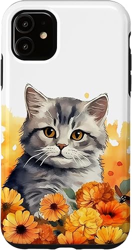 iPhone 11 Cartoon Cat Among Marigold Flowers Case