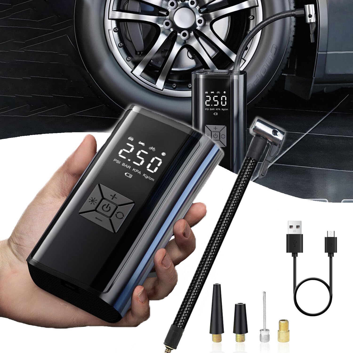 HoldOneLight 150 PSI Portable Air Compressor Pump with Digital Display, 6500mAh Power Bank, LED Flashlight Auto Shut-Off & Adapters for Car/Bike Tires, Sports Balls, Pool Inflatables