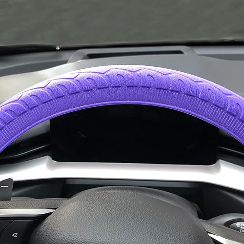 Miniatura 6 de Funda universal de volante morada 13.5 a 15 pulgadas, protector de volante antideslizante de silicona elástica para la mayoría de modelos de