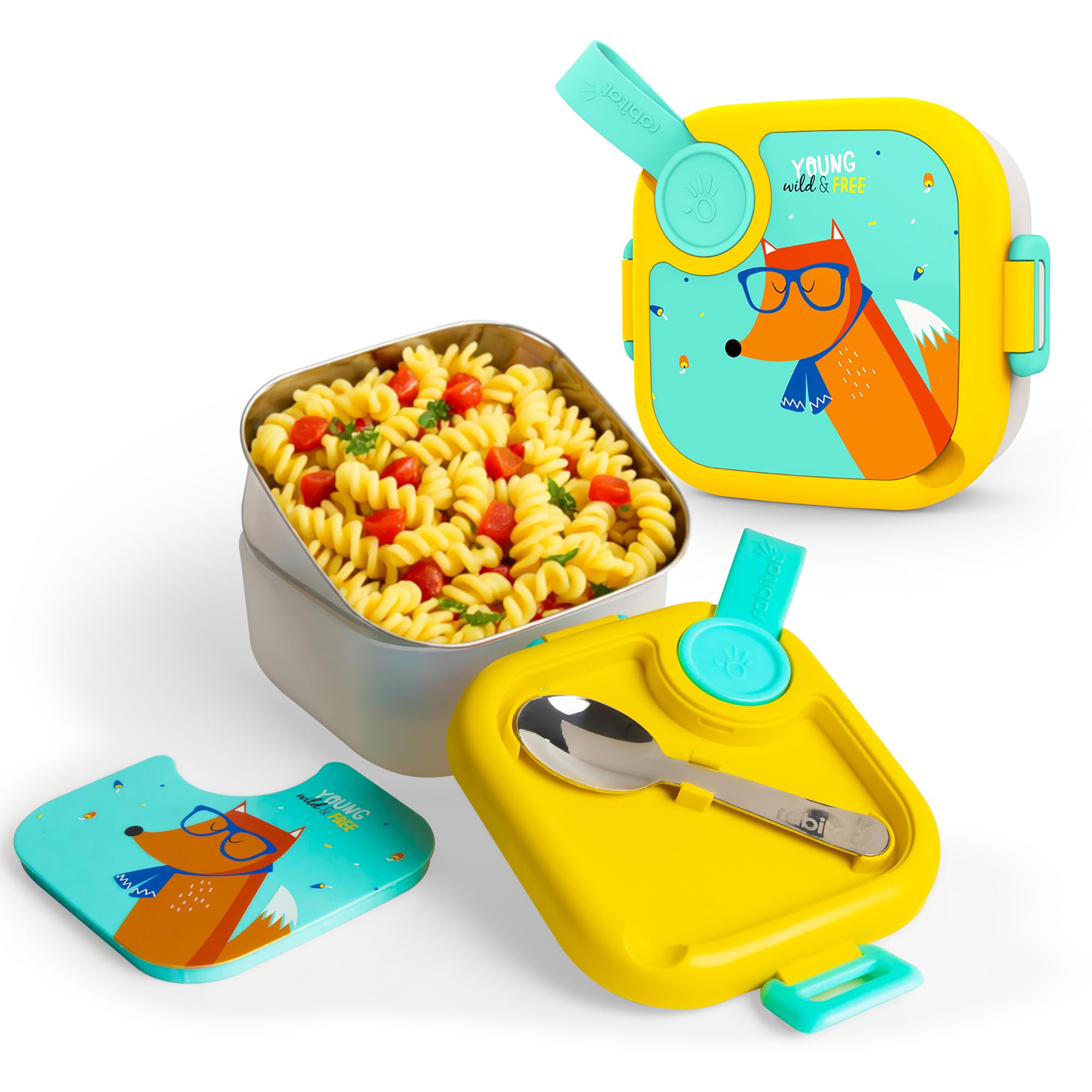 rabitat Lunchmate Mini Stainless Steel Lunch Box for Kids 500ml- Right-Sized Single-Portion Tiffin for School | Built-in Spoon, BPA-Free, Leak-Resistant | 2 Year Brand Warranty | Young Wild and Free