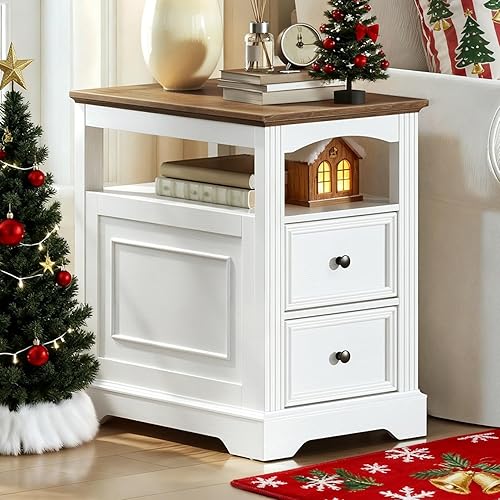 Mesa auxiliar de granja con 2 cajones, mesa auxiliar estrecha para sofá con almacenamiento y estante abierto, mesita de noche de madera para
