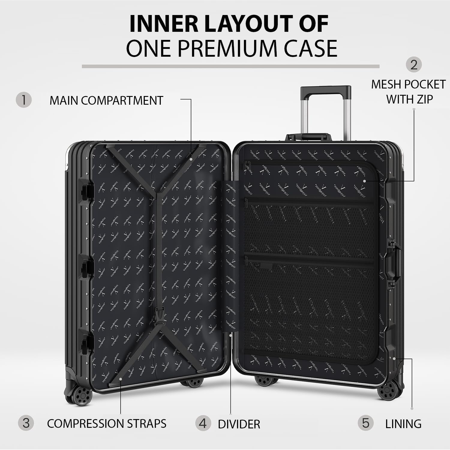 Voyagoux Walizka – 72L, 66x42x26 cm, Średnia Walizka, Zamek TSA, Aluminiowa Walizka Podróżna na Kółkach, 4x Kółka Air Wheel, Wytrzymała i Lekka, Czarna