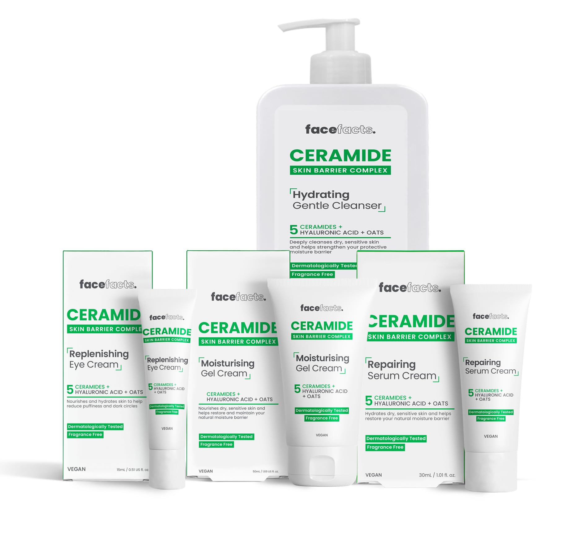 Face Facts Ceramide Skin Care Set, Eye Cream 15ml, Moisturising Gel 50ml, Repairing Serum 30ml, Hydrating Cleanser 200ml