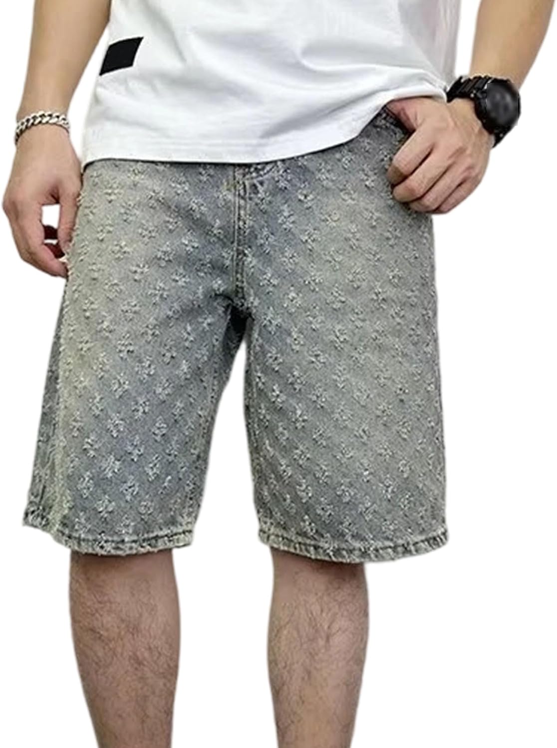 DGHM-JLMY Men's Ripped Straight Loose Casual Jeans Short Raw Trim Fashion Washed Short Jeans Regular Distressed Denim Shorts