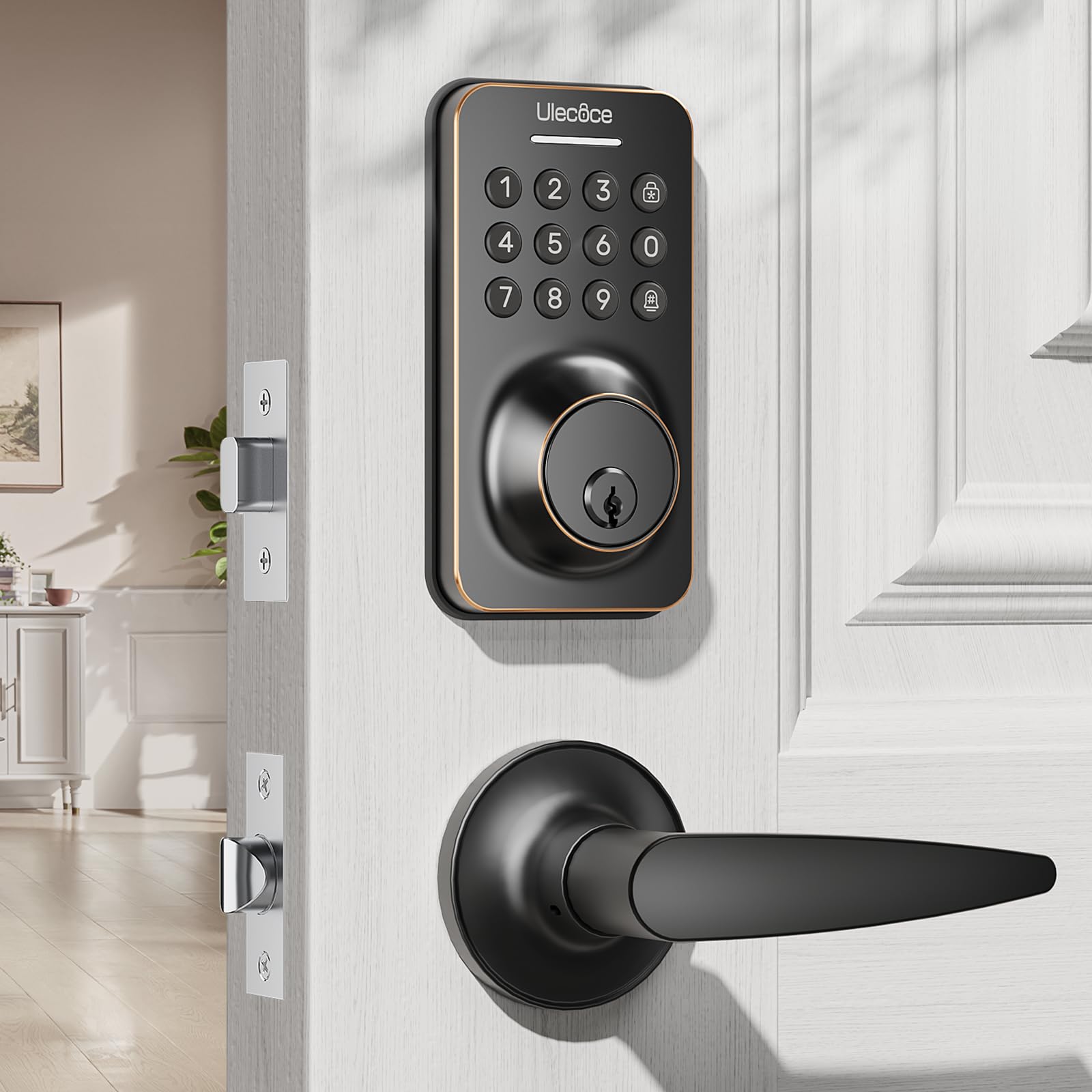 Ulecoce Serrure de porte d'entrée sans clé avec ensemble de poignée, serrure de porte à clavier avec poignée, serrures de porte intelligentes pour porte d'entrée avec code défini avec installation