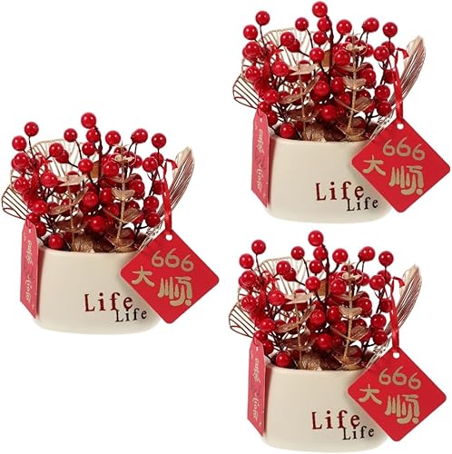 Abaodam 3pcs Ornaments Red Berry Bonsai Desktop Flower Bonsai Artificial Flower in Vase New Year Faux Plant Spring Festival Decoration Feng Shui