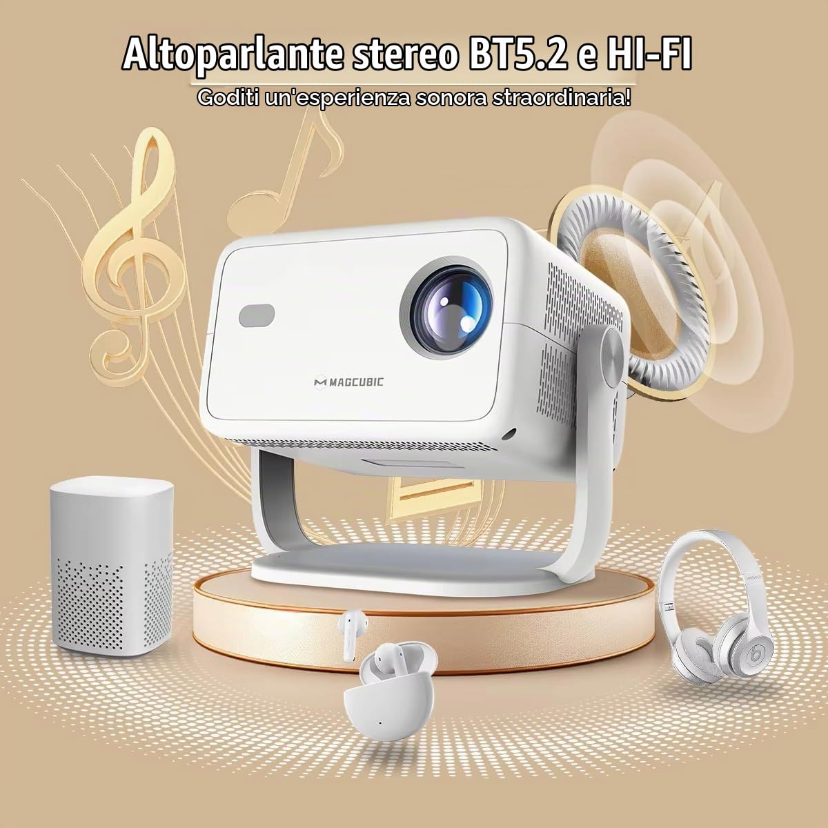 Proiettore Android 14 L018 nativo 1080P 650ANSI 4K con correzione trapezoidale automatica, messa a fuoco, Wi-Fi 6 BT5.2, portatile, per film all'aperto