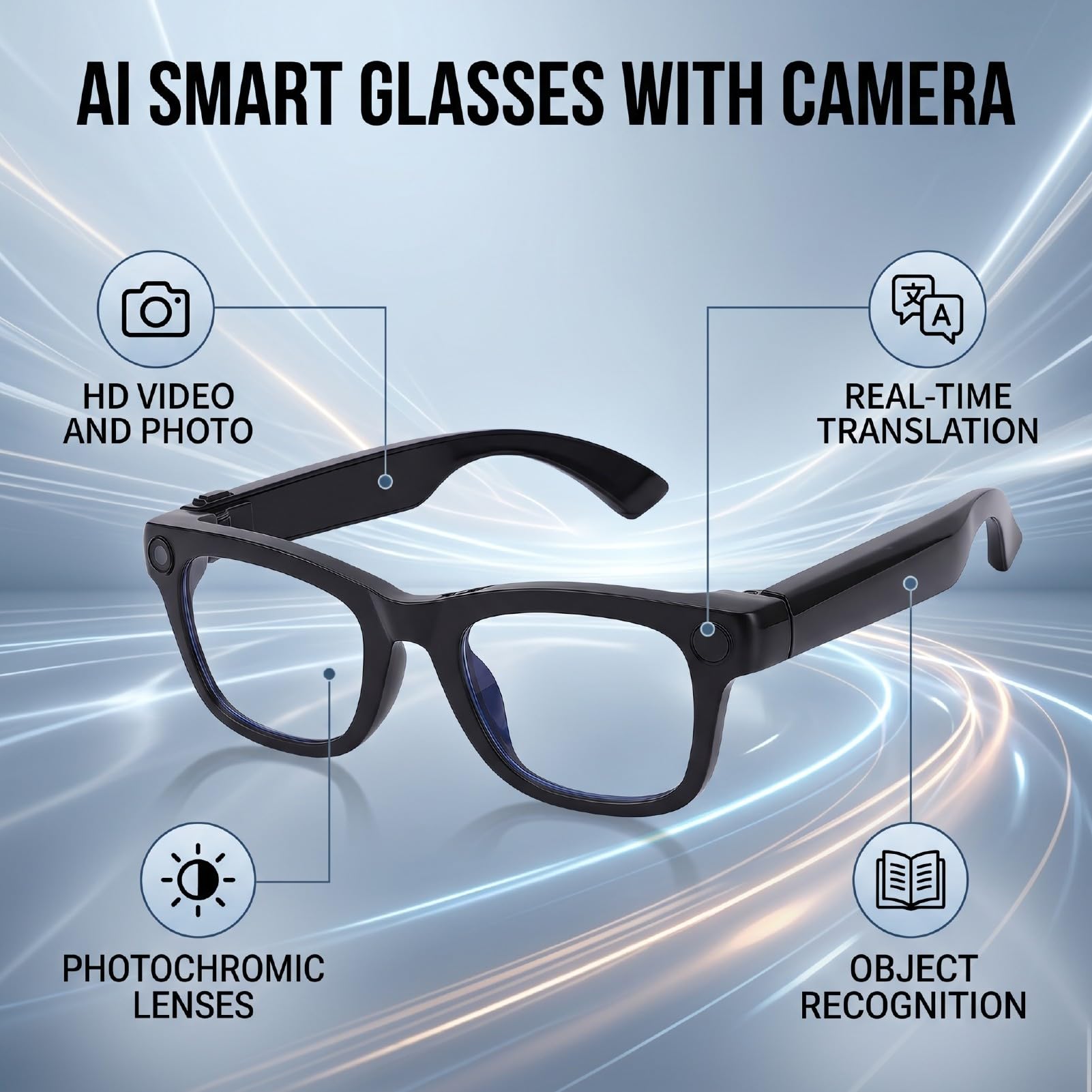 Occhiali Intelligenti AI con Fotocamera, Obiettivo HD da 8 MP Video 1080P Foto da 32 MP, Bluetooth 6.0 Traduzione in Tempo Reale 139 Lingue, ChatGPT, per Viaggi D'affari