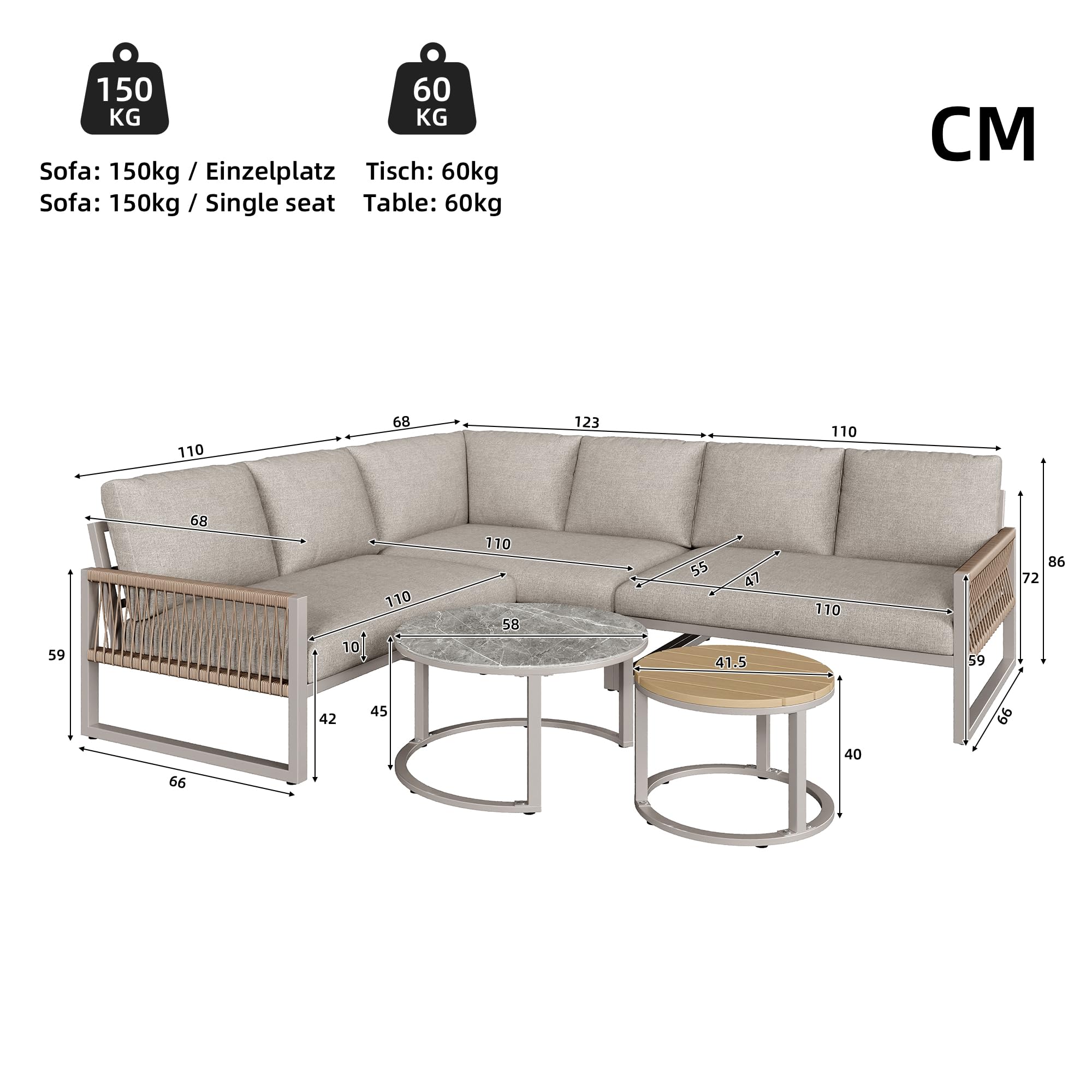 LAKFEW Conjunto Jardin Exterior de 5 Piezas con 2 Mesas y Patas Ajustables, Muebles Jardin Exterior Modular para 6-7 Personas, Sofa Exterior Esquinero con Cojín Cómodo (Beige)