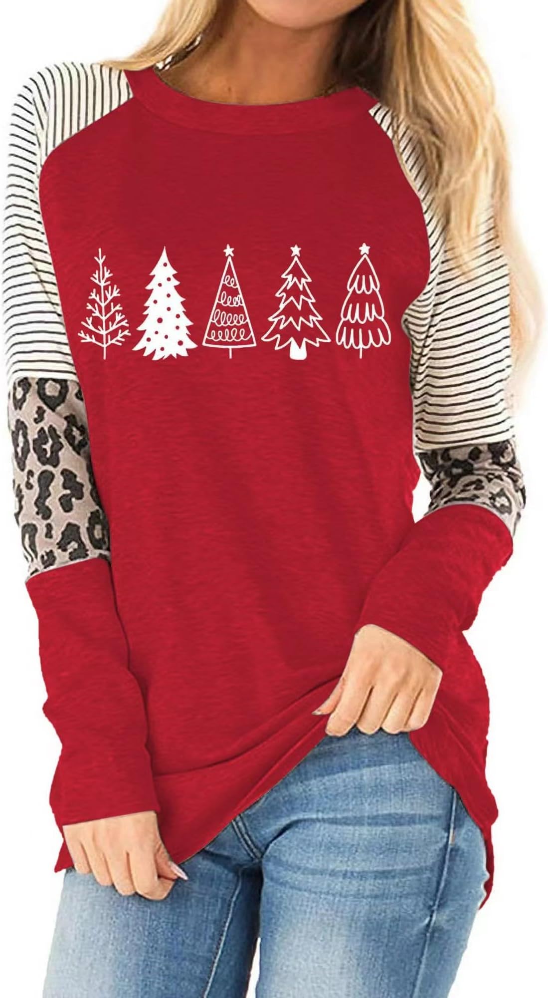 Beopjesk Christmas Shirts Women's Plaid Splicing Tshirt Holiday Long Sleeve Raglan Baseball Tops