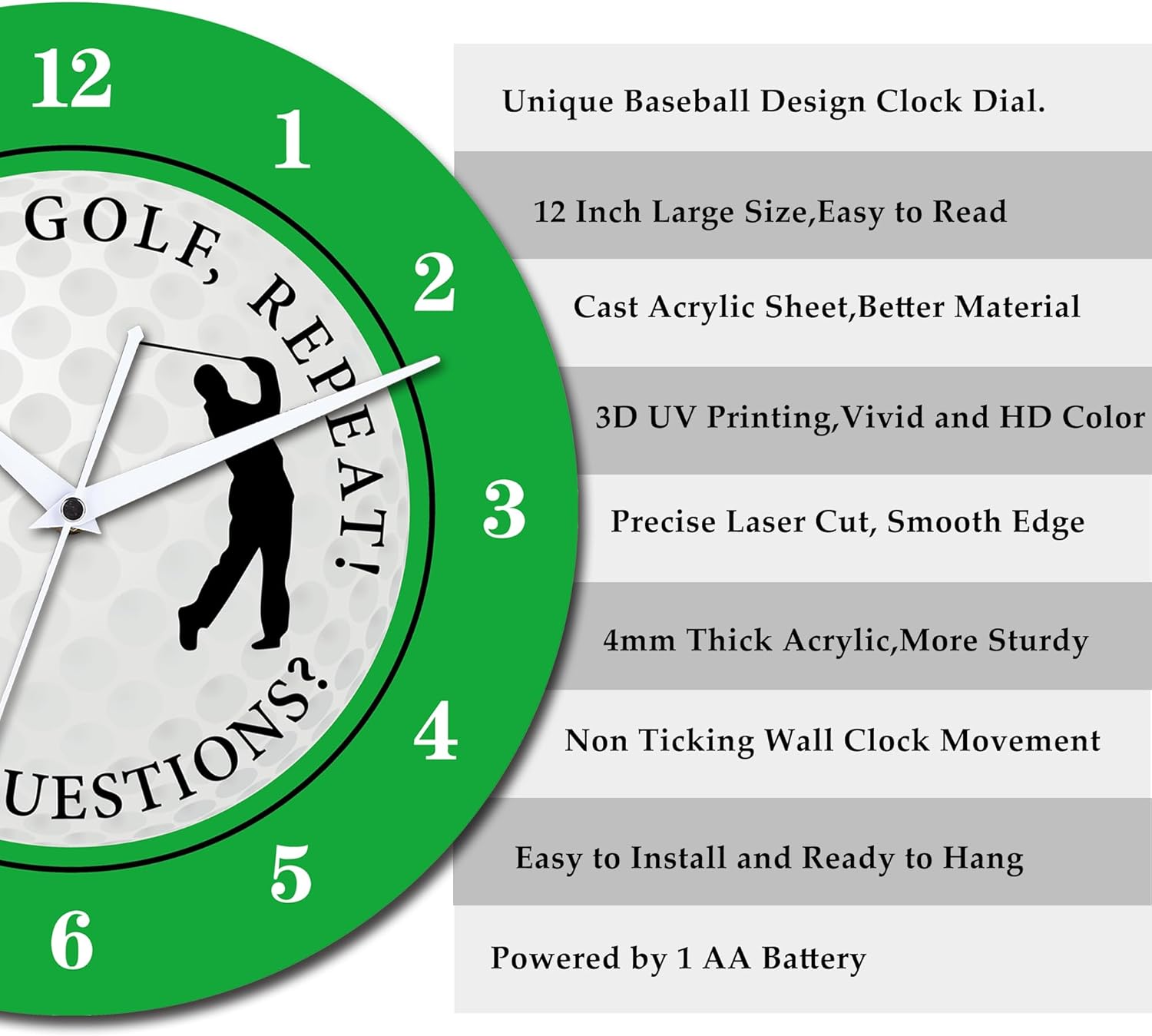 12 Inch Golf-Themed Wall Clock — Silent Non‑Ticking Analog, Battery Operated Round Decorative Clock for Living Room, Office, Man Cave — Golf Gift for Dad & Golfers