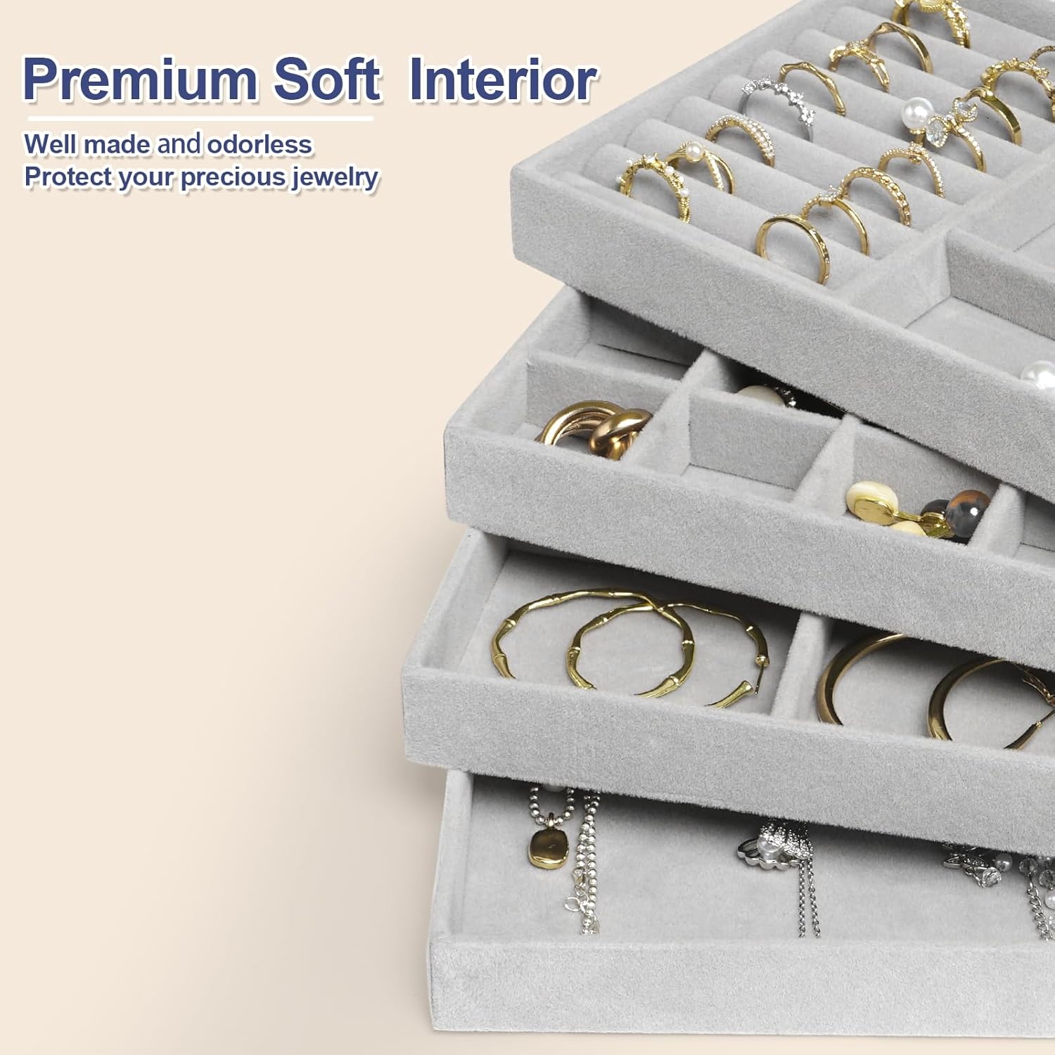 Jenseits Set of 4 Stackable Jewelry Organizer Trays for Drawers, Jewelry Drawer Inserts with Removable Dividers, Velvet Jewelry Container Display Case Storage for Earring Necklace Rings Bracelet, Grey - Image 3