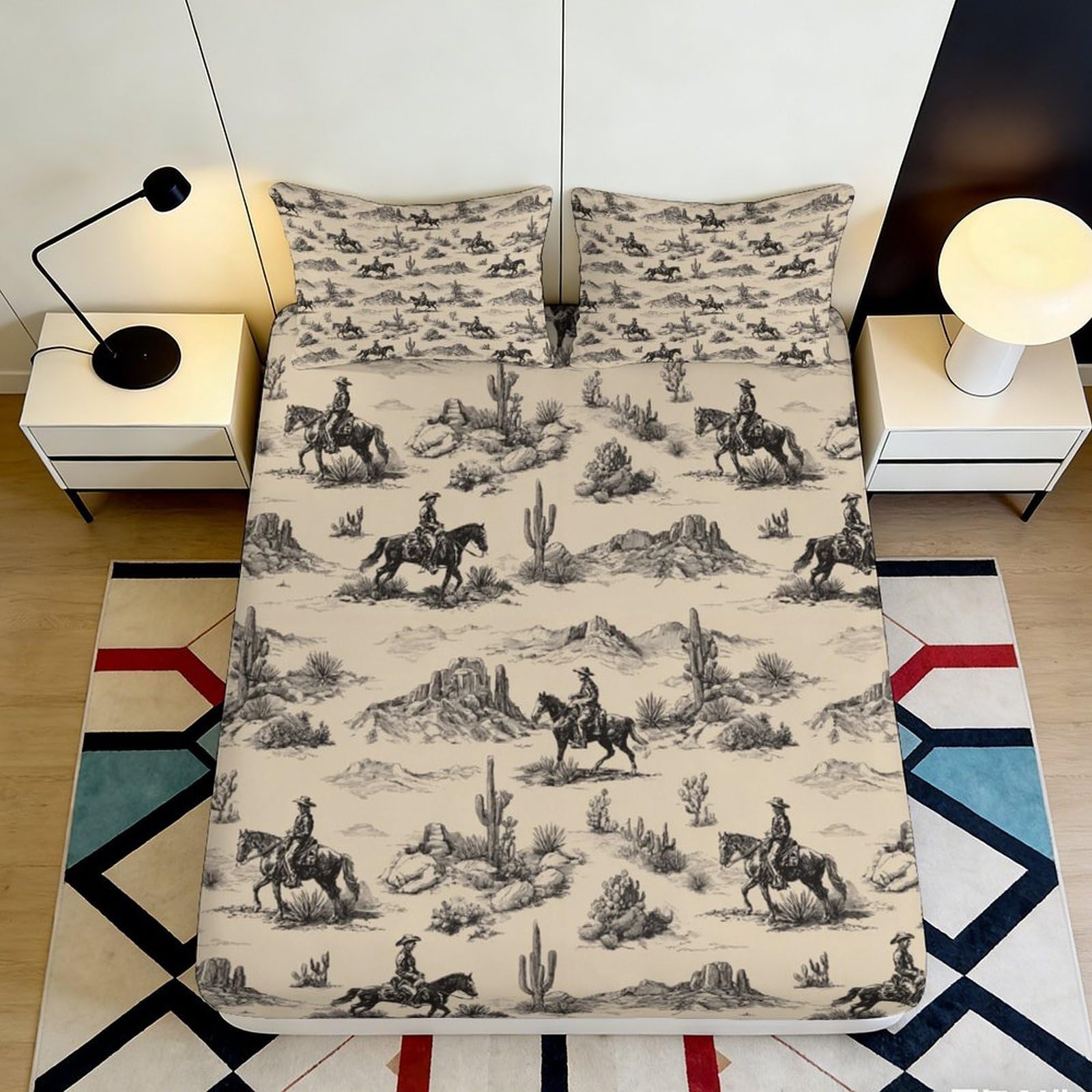3D Printed Cowboy Desert Fitted Sheet Microfiber Soft Western Horse Mattress Cover for Bedroom Guest Room Decor 90x200x25cm