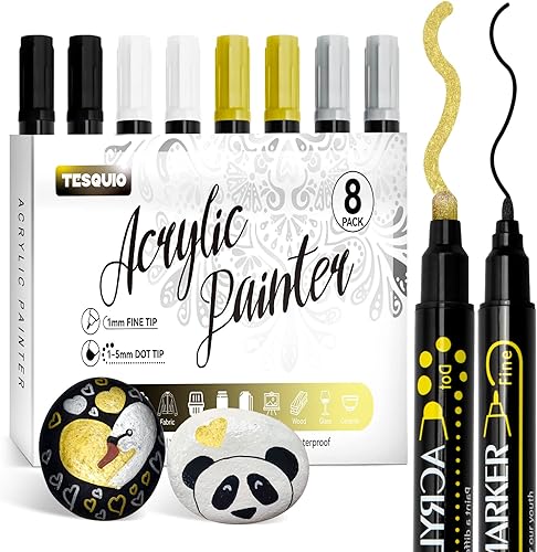 Tesquio 8 rotuladores de pintura acrílica de doble punta, color plateado, dorado, blanco y negro, bolígrafos de pintura acrílica prémium para