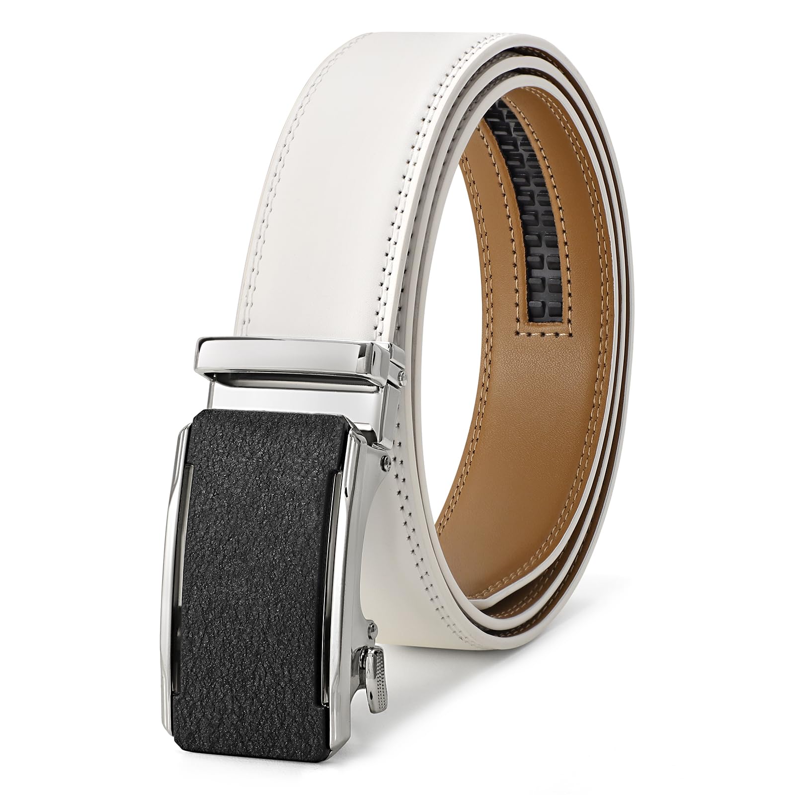 SANSTHS Mens Ratchet Belt, Leather Ratchet Belts for Men Adjustable Dress Belt Slide Belt for Gift Fit Everywhere