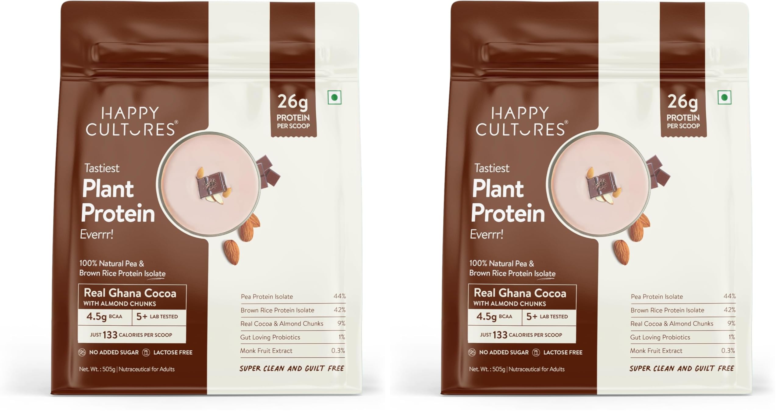 Happy Cultures 26g Tastiest Plant Protein| Chocolate (Ghana Cocoa) & Almond Chunks | Pea & Brown Rice Protein Isolate| No Added Sugar| Vegan| 18 Complete Amino Acids |Monk Fruit Extract| Women & Men| No Bloating, Easy to Digest| Dairy Free with Probiotics - 505g-image-19