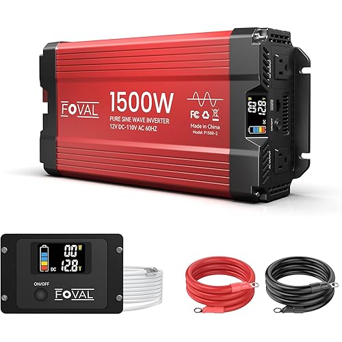 FOVAL 1500W Pure Sine Wave Inverter 12V DC to 110V AC Converter, 3000W Peak Power Inverter with LCD Display and 2 AC Outlets for Home, RV, Truck, and Off-Grid Solar System, Remote Controller