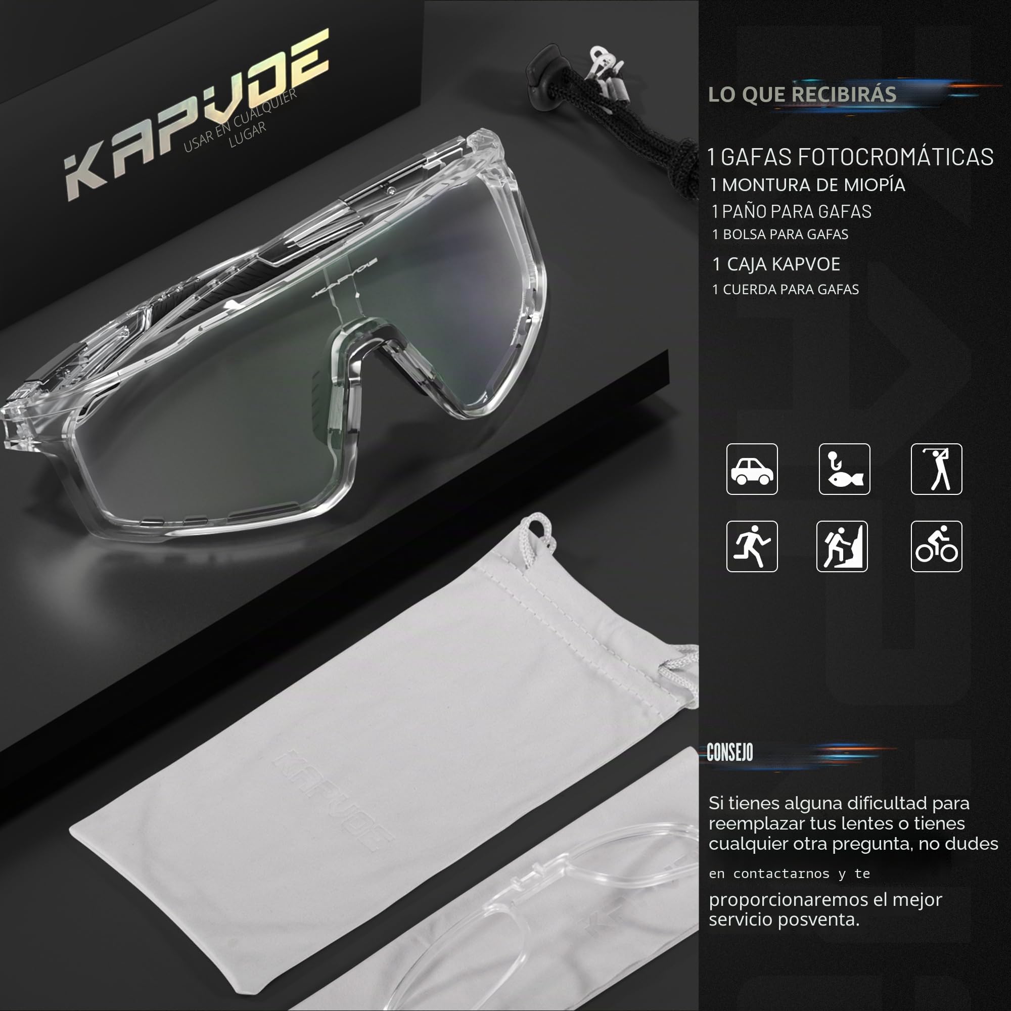 KAPVOE Gafas Ciclismo Fotocromáticas Lente y Montura UV400 Color Verde K76 | Lente & montura fotocromáticas, lente transparente a verde CAT.1-CAT.2, UV400, almohadilla regulable