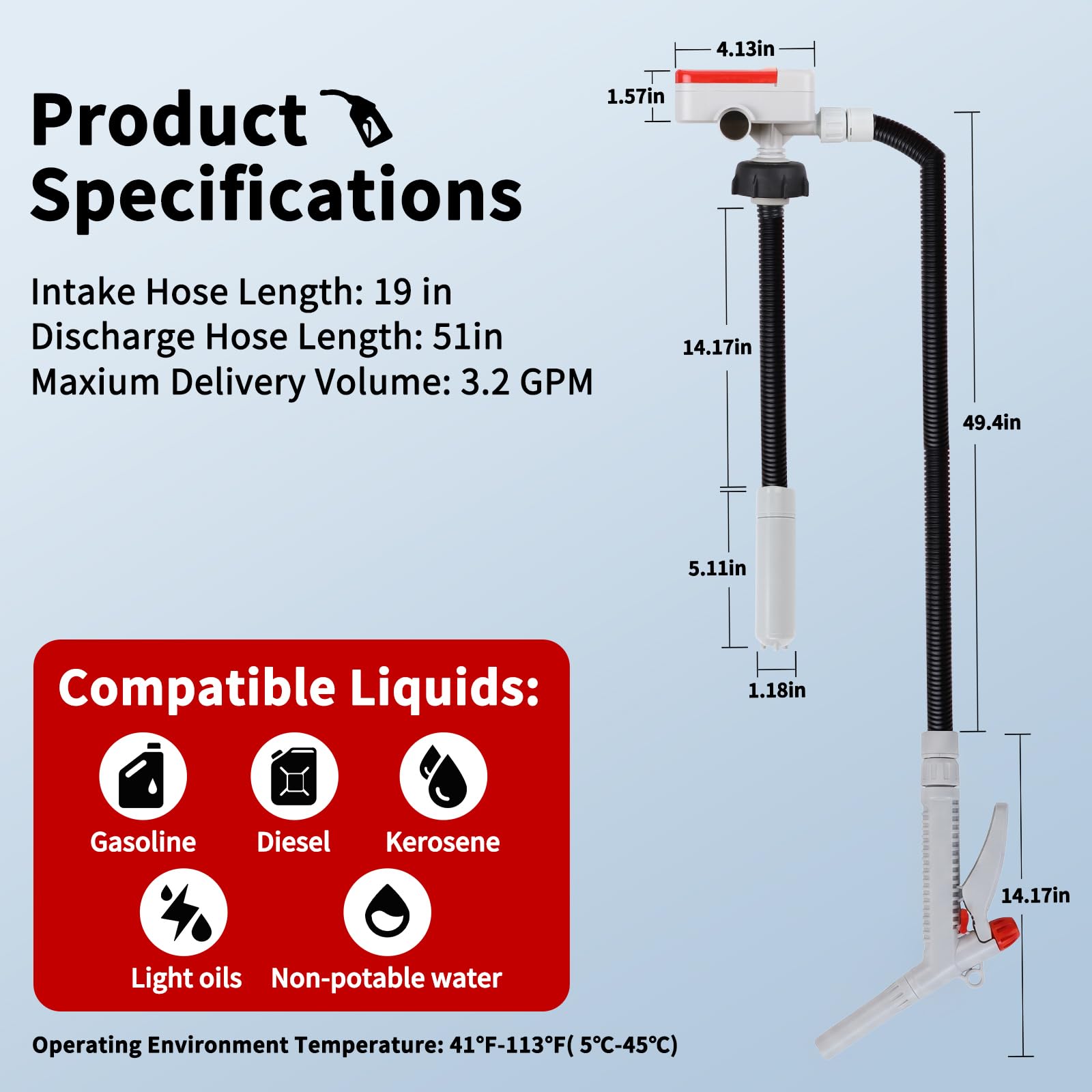 Pompe de transfert de carburant (3,2 GPM) avec buse manuelle pour contrôle du débit à arrêt rapide, tuyau de 129,5 cm, pompe à gaz automatique avec 4 raccords de bidon de gaz, pompe à siphon portable