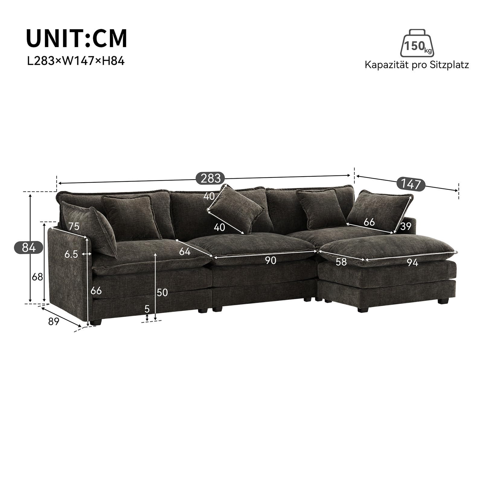 Billg Divano Angolare Componibile, Divano Letto 3 Posti a Forma di L, Tessuto di Ciniglia, 283 x 147 x 84 cm, Grigio
