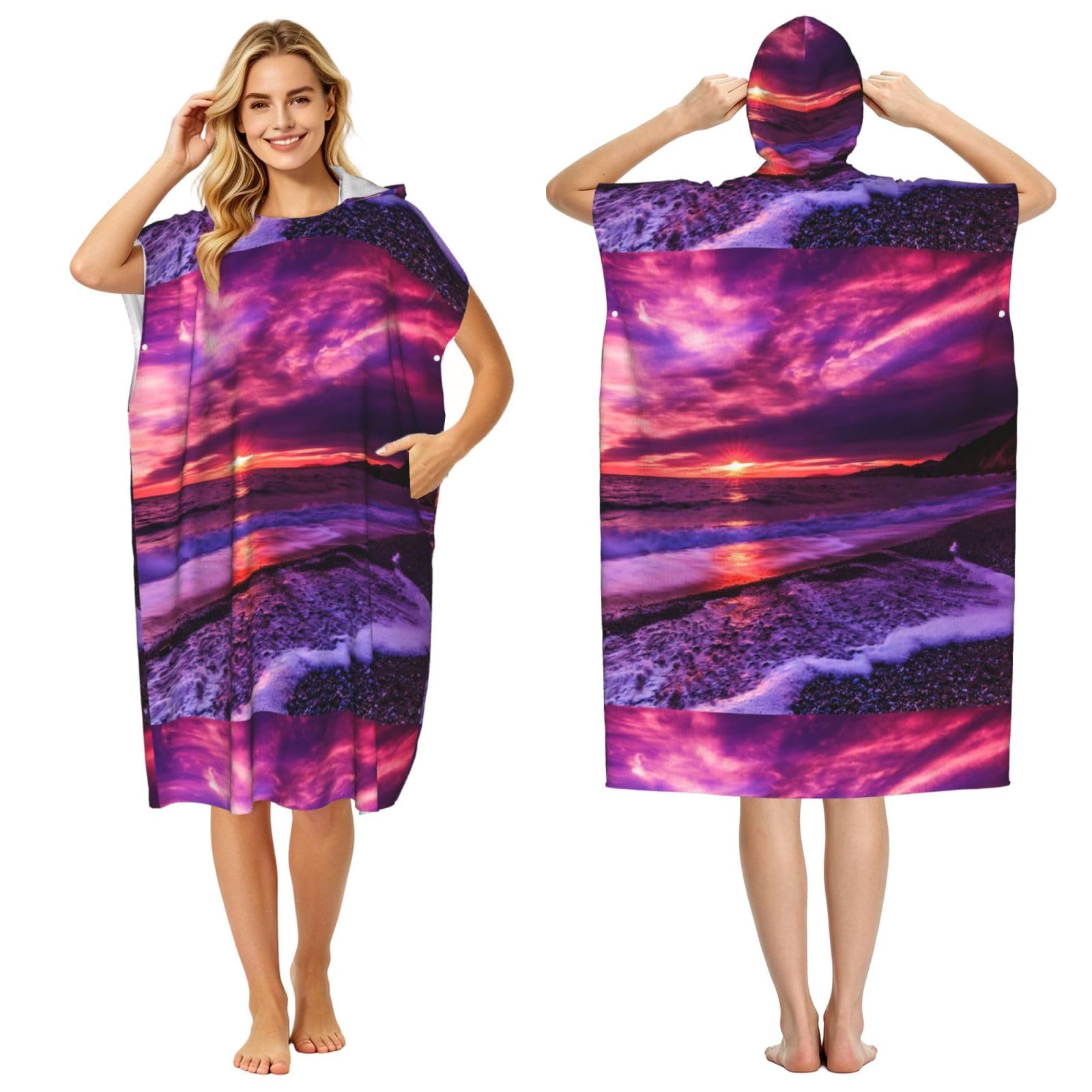 Poadnly Pink Beach Sunset Printed, Adult Hooded Beach Towel 90 x 110 cm,Changing Bath Robe, Surf Poncho Towel For Women Men
